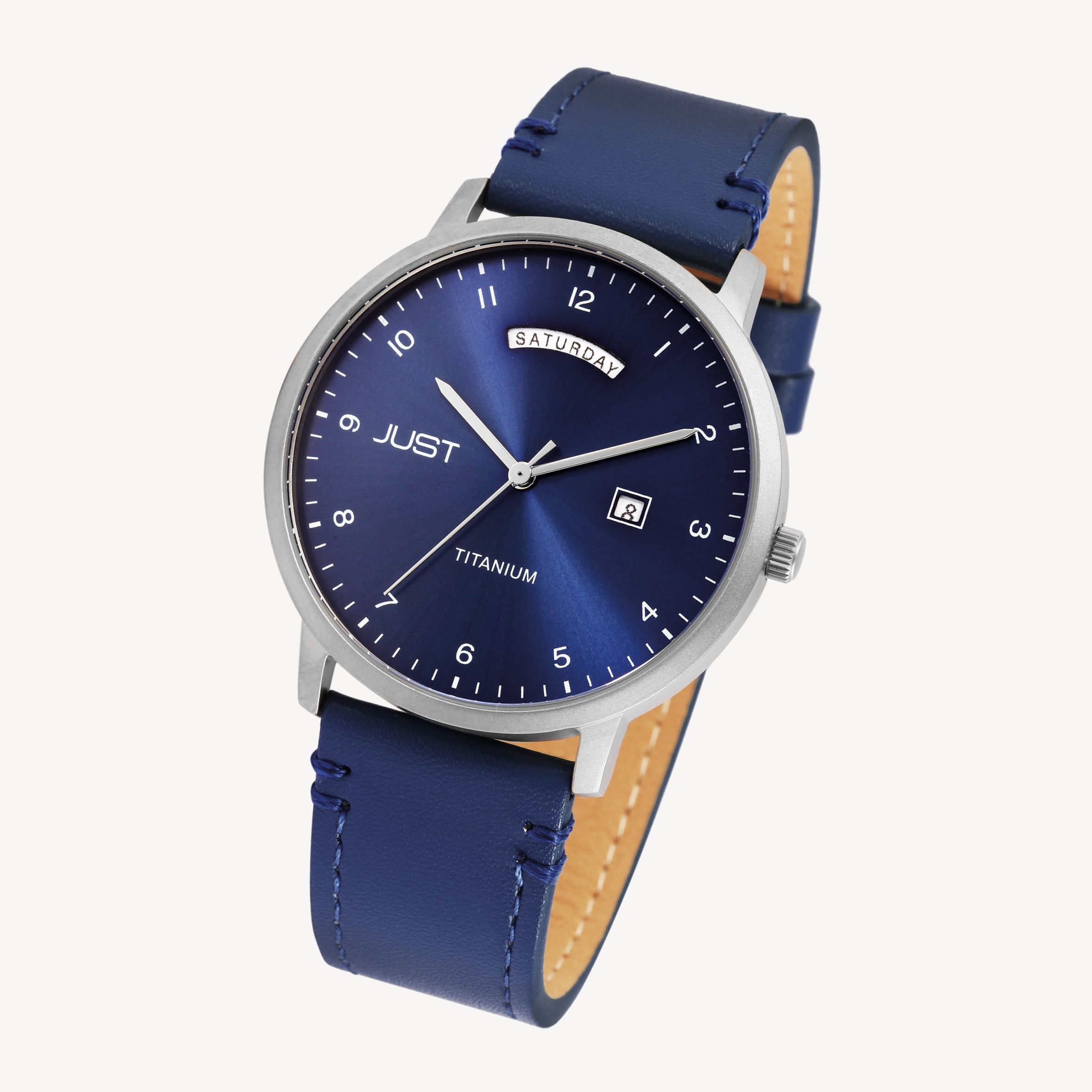 Just Titan Herrenuhr mit Echtlederarmband, 5 ATM, blau