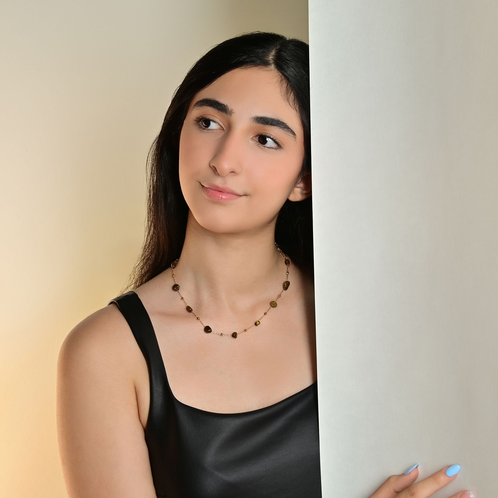 Akzent Edelstahlkette "Ceylan" mit braunen Natursteinen, goldfarben