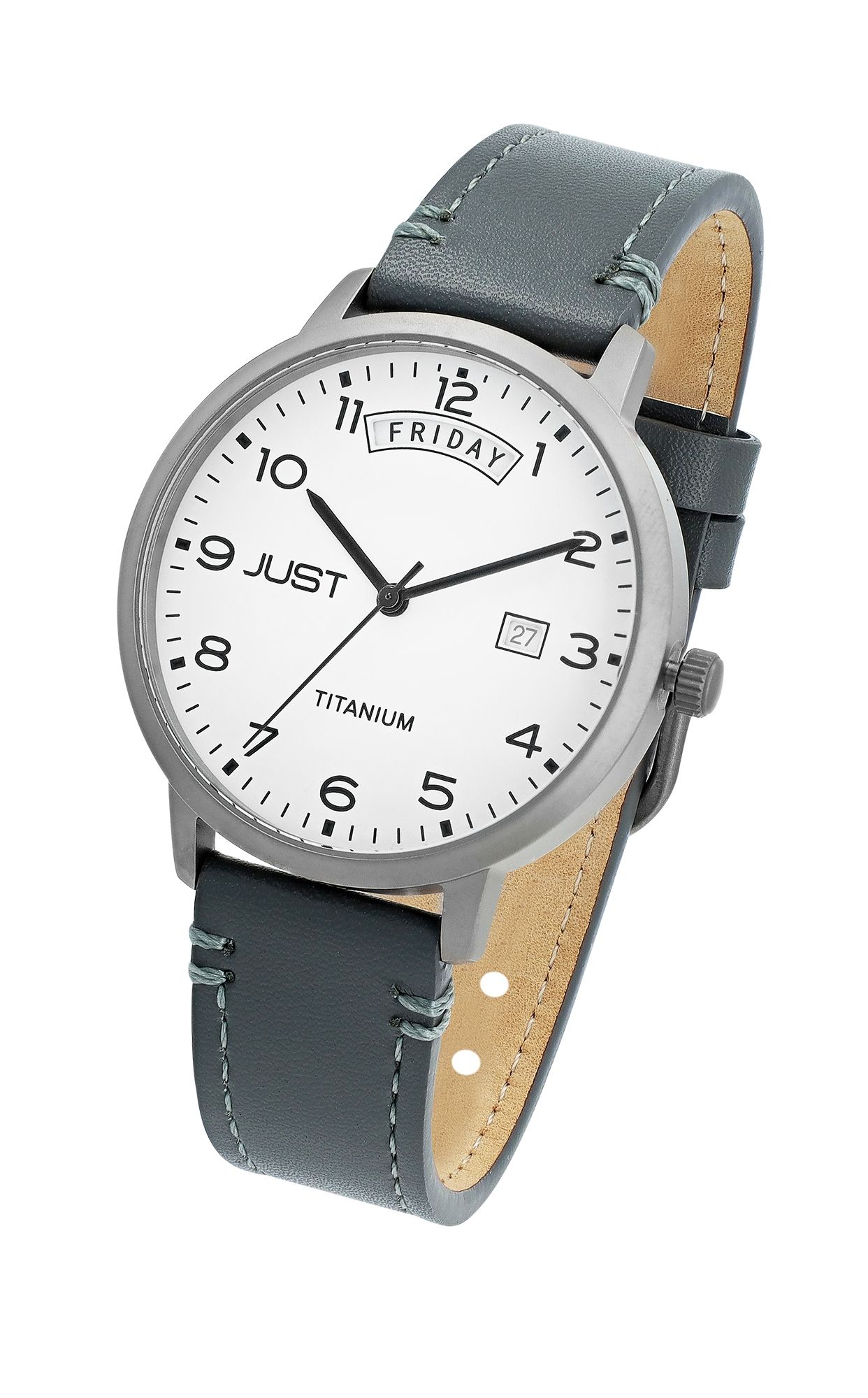 JUST "Fanis" Titan Herrenuhr mit Echtlederarmband, 5 ATM, grau