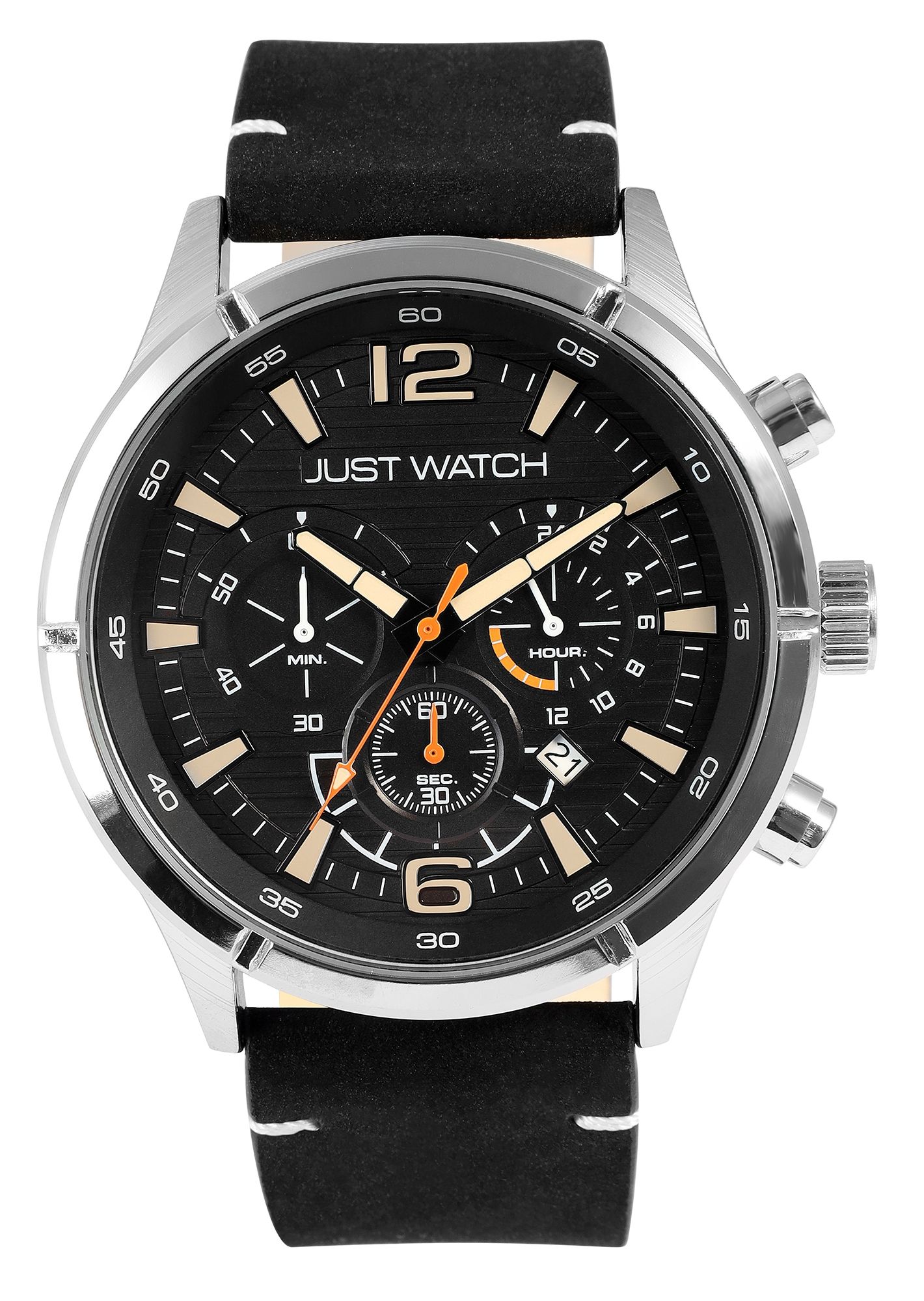 Just Watch Chronograph für Herren, Lederarmband, 5 ATM, schwarz