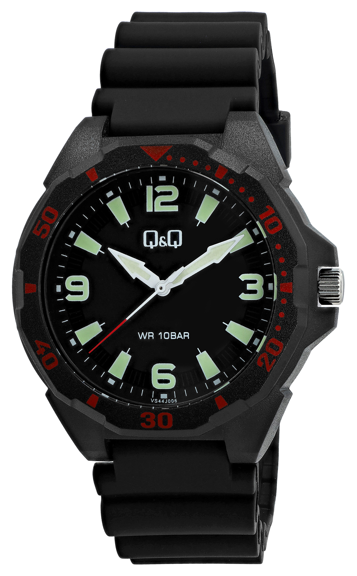 Q&Q Herrenuhr, Resinband, Ø 43 mm, schwarz/ rote Details