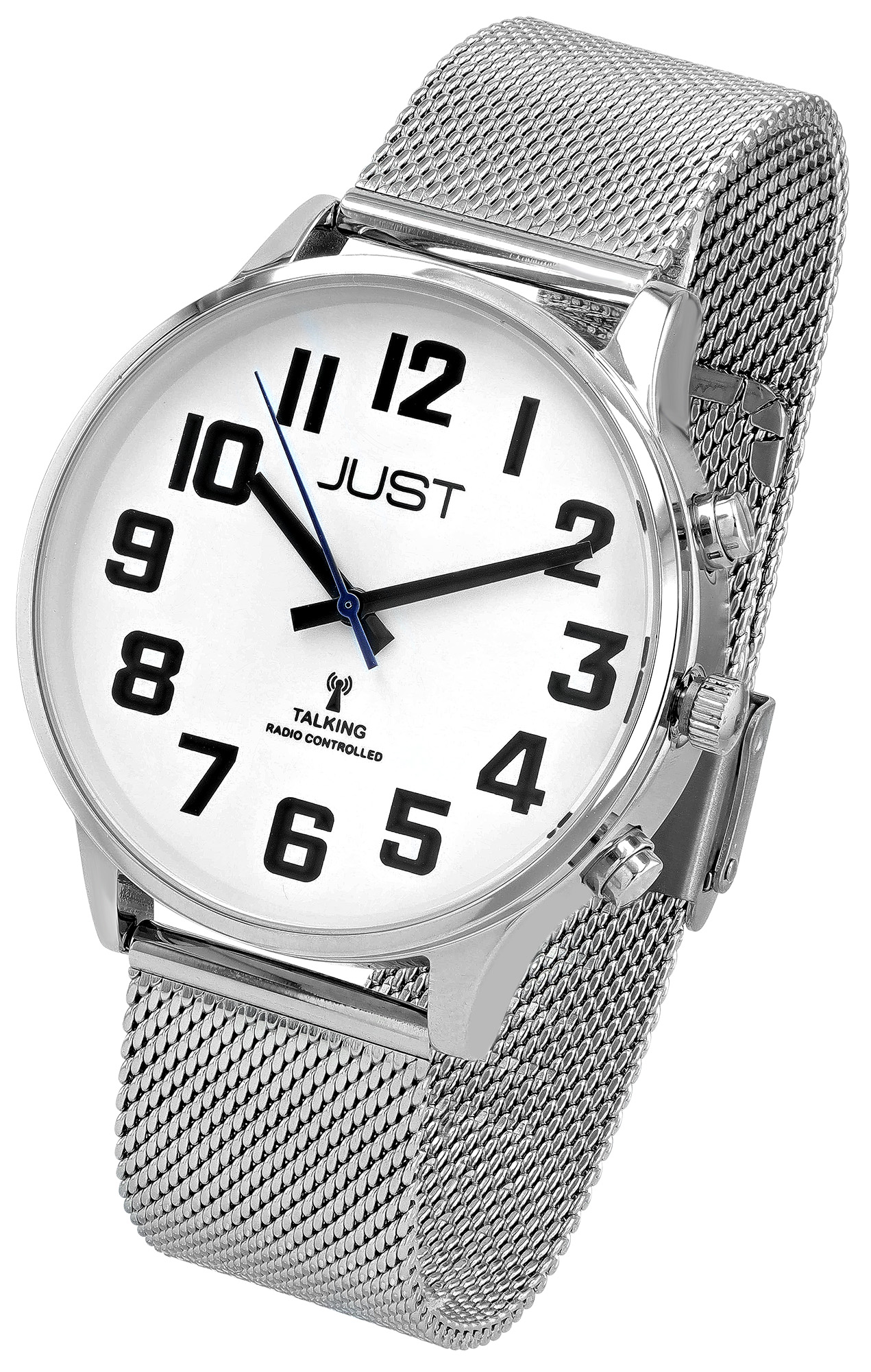 Just "VITA Voice" sprechende Funk-Uhr Ø 41 mm, Edelstahl Mesharmband, silberfarben/weiß