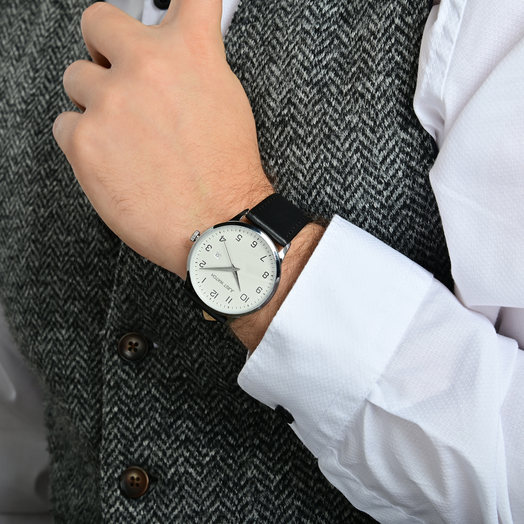 Just Watch Herrenuhr Basicuhr mit Echtlederband, Datumsanzeige, 5 ATM, schwarz/silberfarben