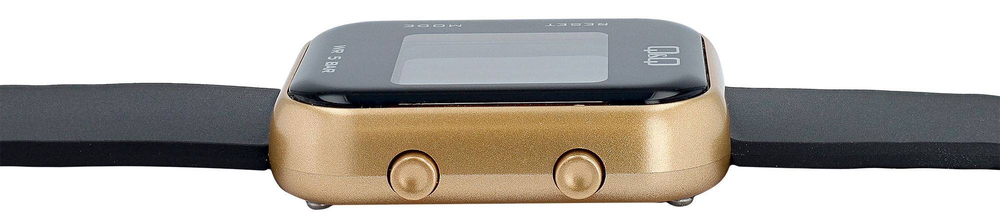 Q&Q Unisex Digitaluhr, Kunststoff, Resinband, schwarz/goldfarben, 5 ATM, 40 x 34 mm