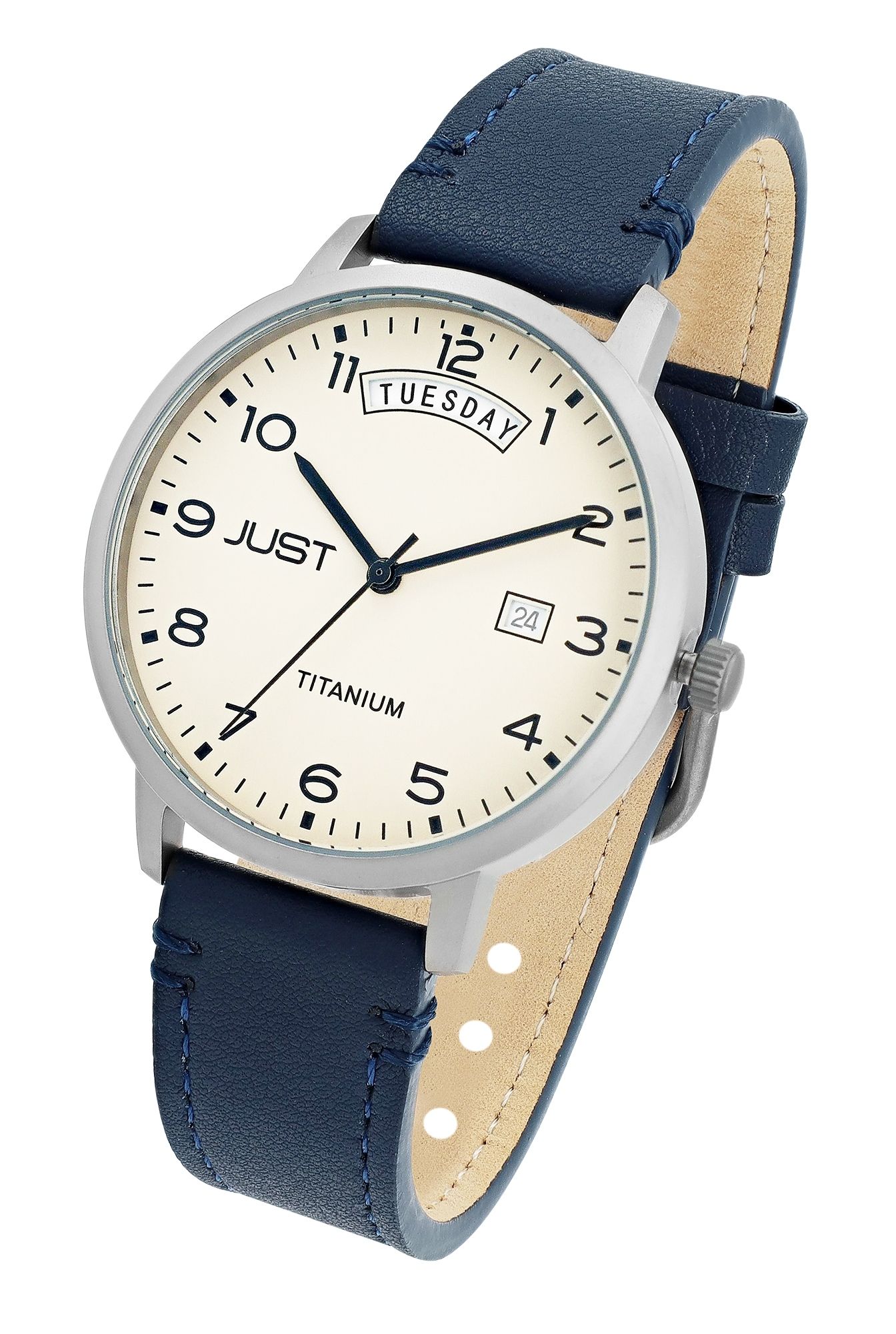 JUST  "Fanis" Titan Herrenuhr mit Echtlederarmband, 5 ATM, blau