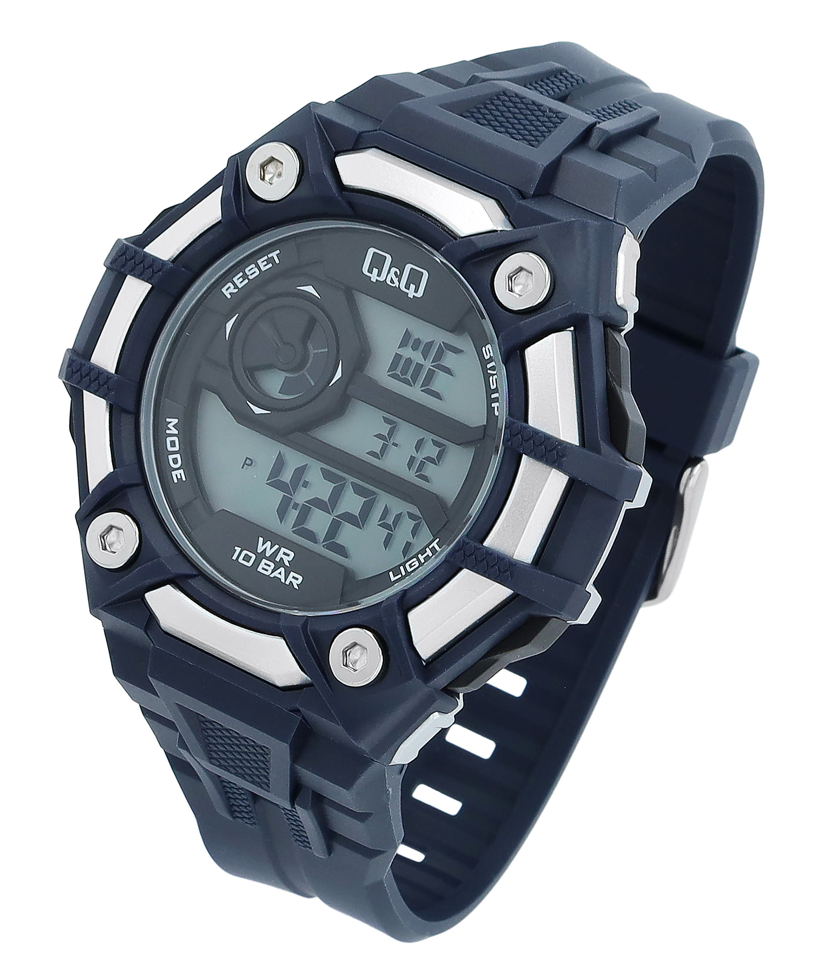 Q&Q Herren Digitaluhr, Silikonarmband, multifunktion, blau/silberfarben