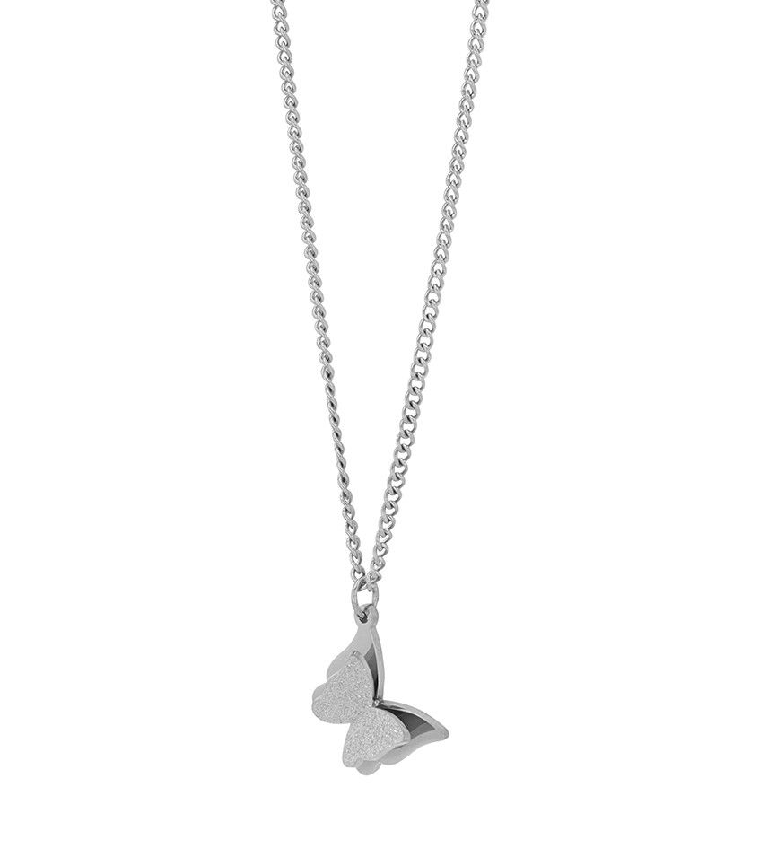 "Nilo"Edelstahl Kette mit Anhänger- Schmetterling, 43 cm + 5 cm, silberfarben