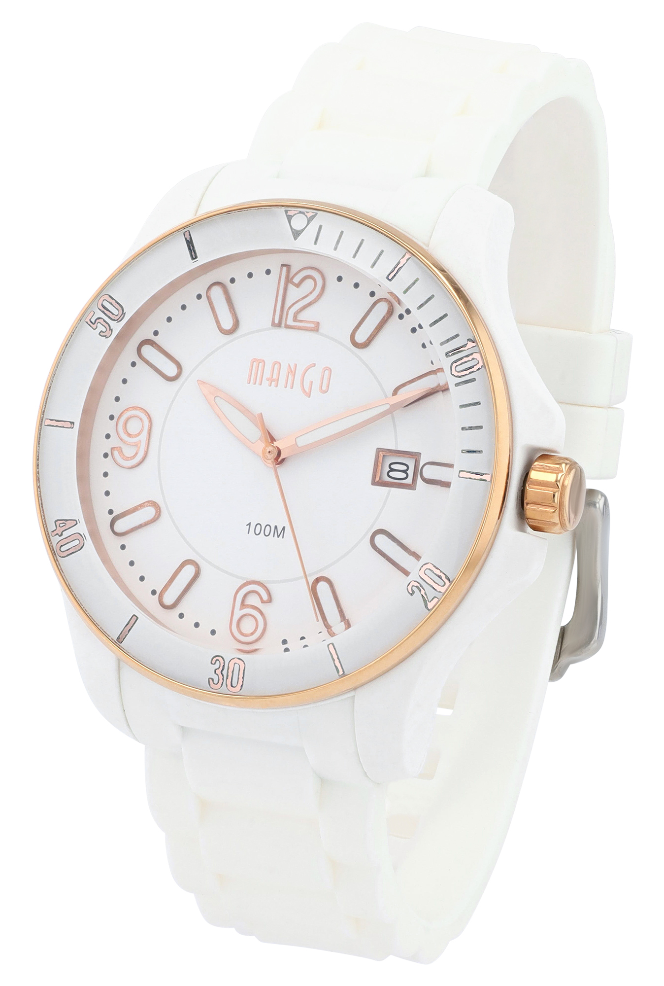Mango Uhren Ø 41 mm, Silikonband, weiß/ rosegoldfarben