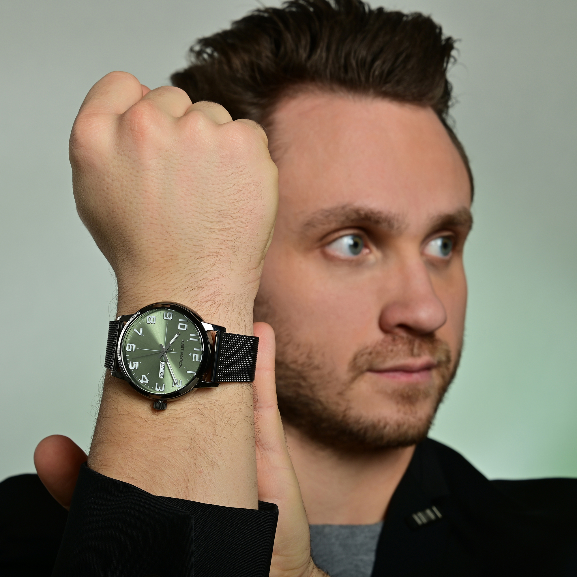 Just Watch Herrenuhr, "Marquis" mit Mesharmband, Edelstahl, Ø 43 mm, 5ATM, Grau/ Grün