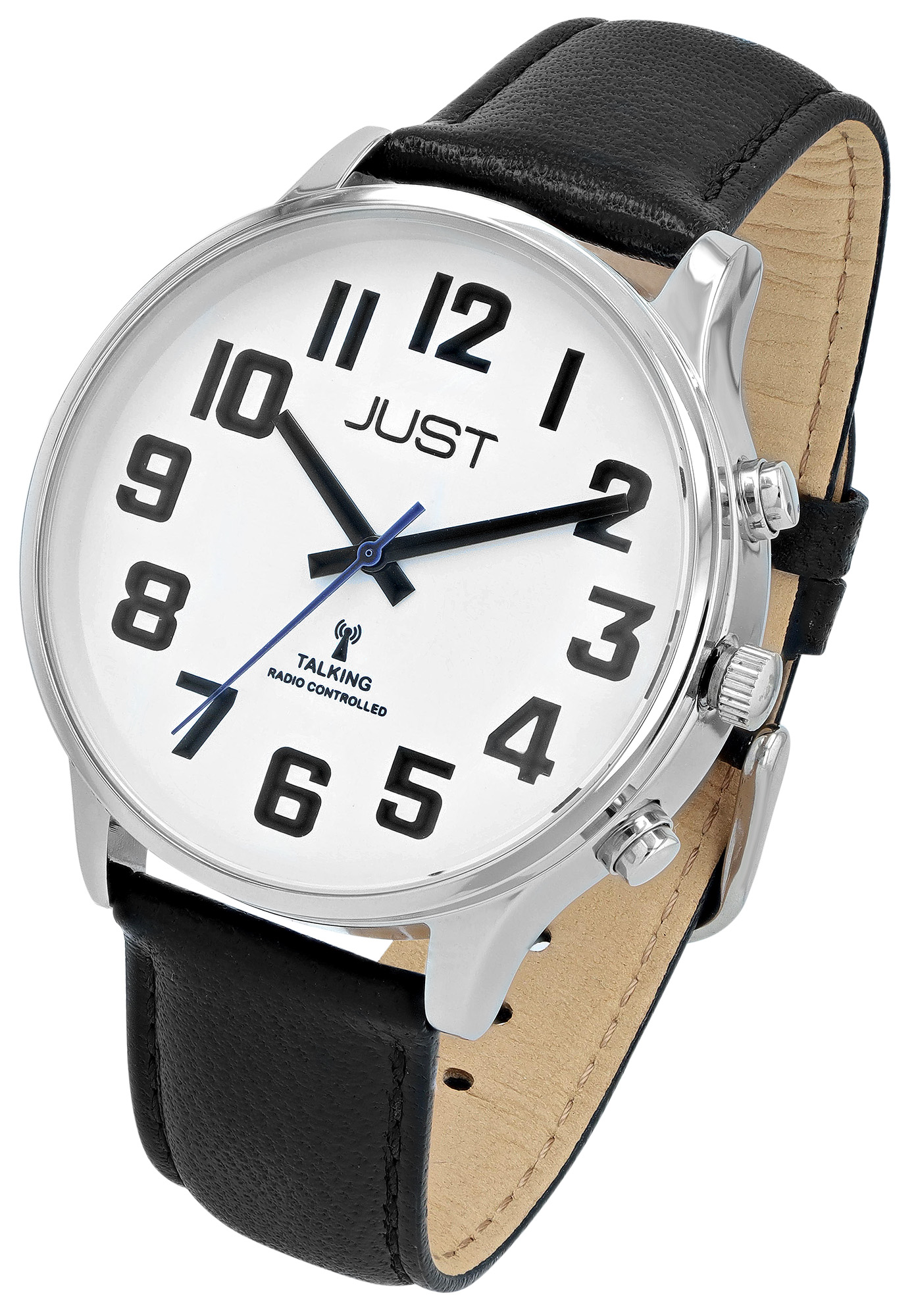Just "VITA Voice" sprechende Funk-Uhr Ø 41 mm, Echt Lederband, schwarz/silberfarben/weiß