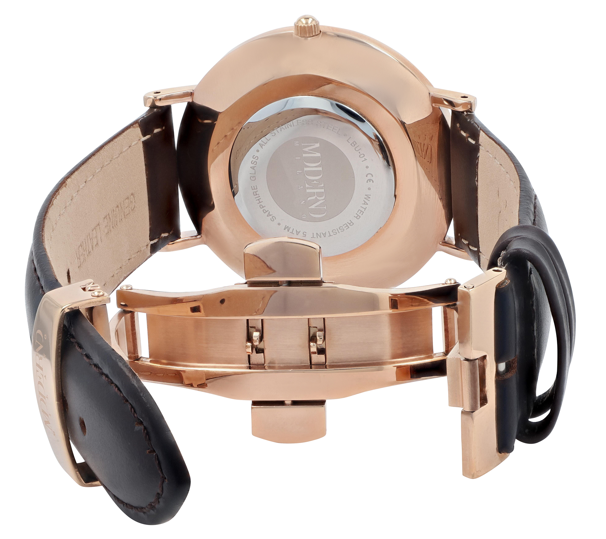 Moderno Milano Edelstahl Herrennuhr Ø 41 mm, Echtlederband, Saphirglas, dunkelbraun/ rosegoldfarben