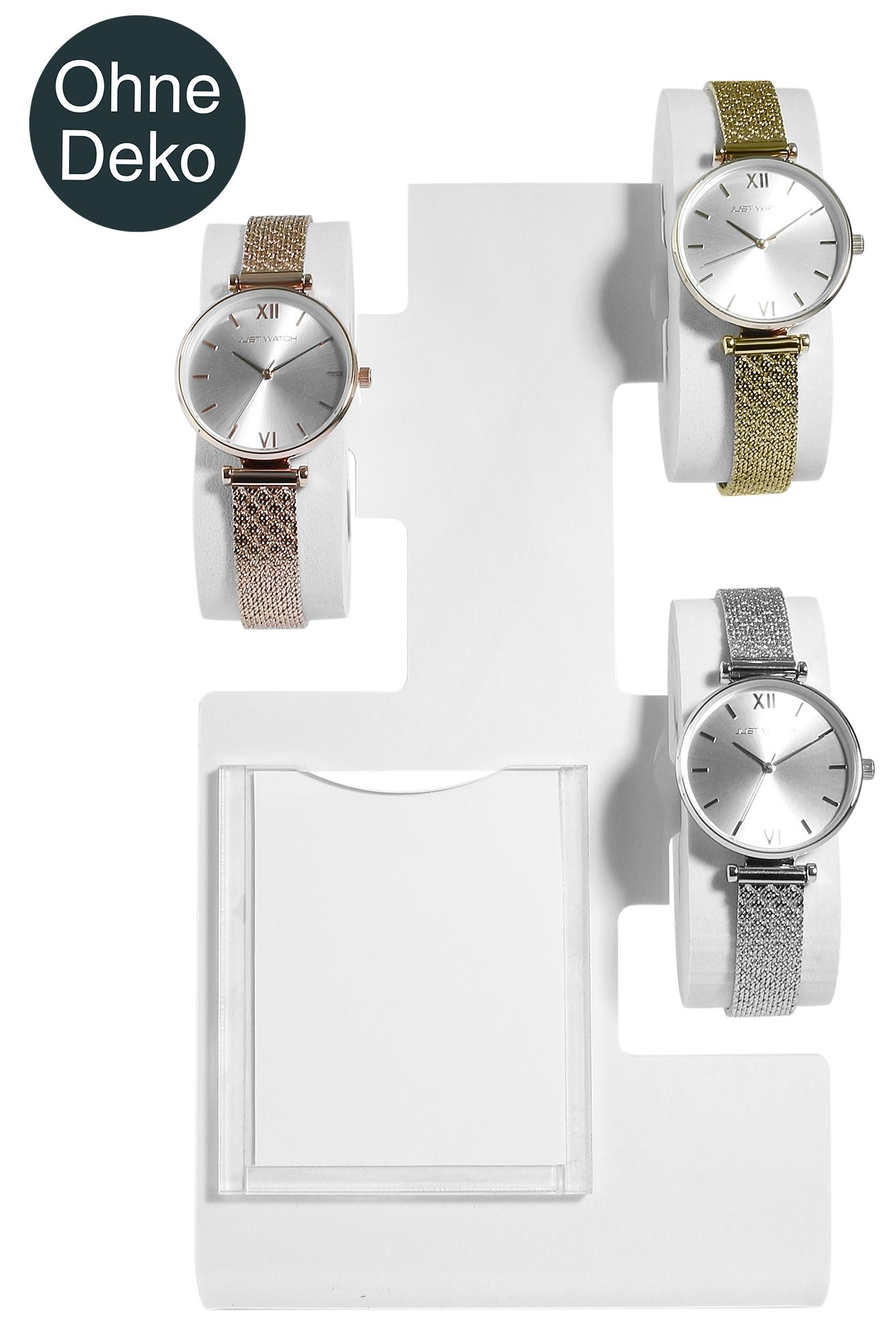 Uhrendisplay für 3 Uhren (Dekoserie Shiny) mit Werbefläche, Kunststoff, 22 cm, weiß