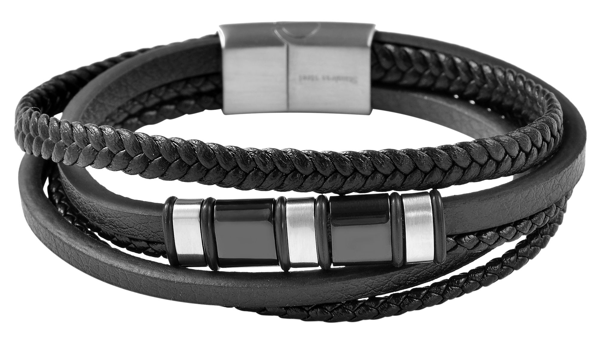 "Ansor", Akzent Armband, Lederimitat & Edelstahl, schwarz/silberfarben, 21 cm