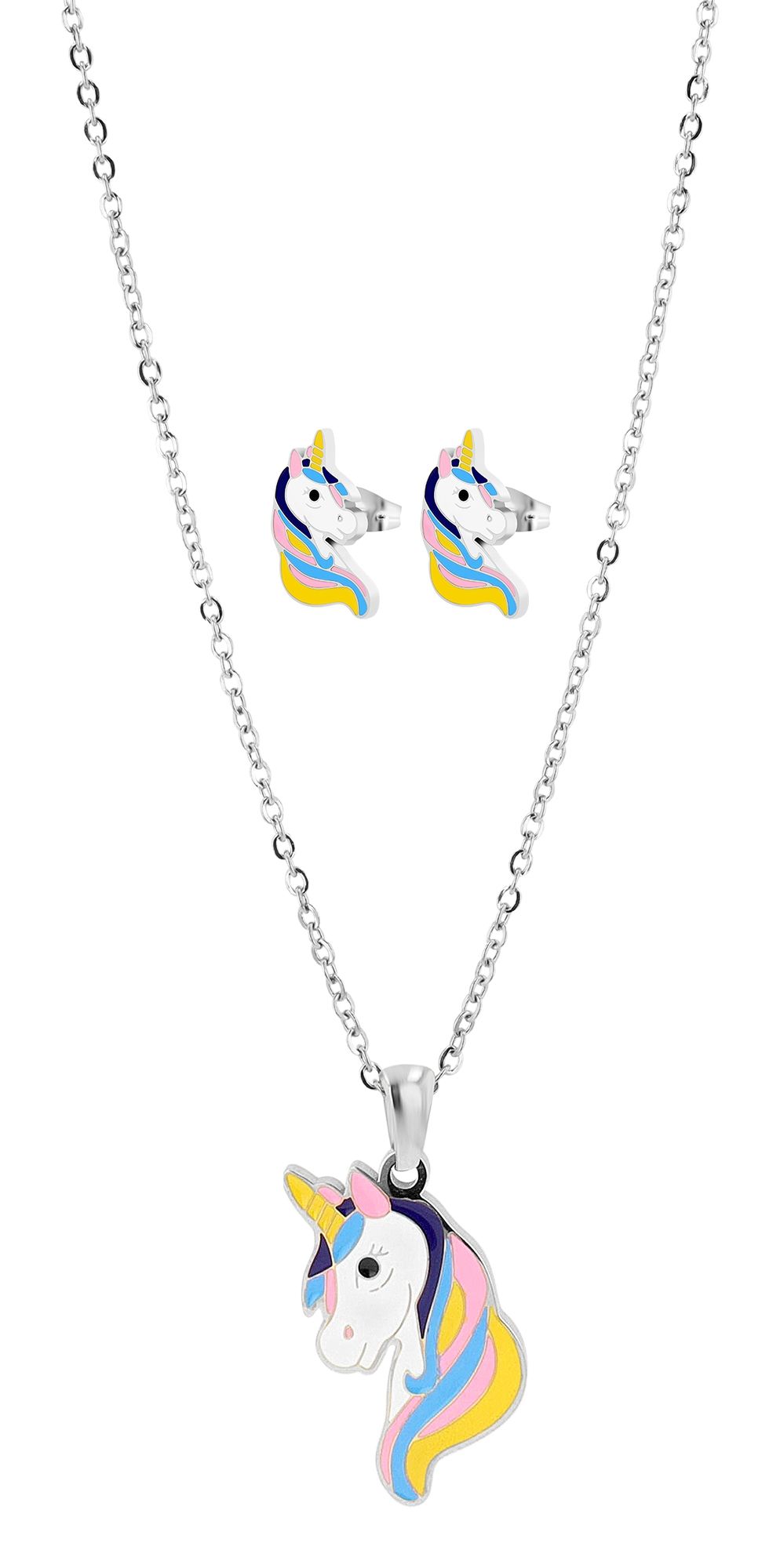 Akzent Einhorn-Schmuckset "Amara", Edelstahl, Kette & Ohrstecker, silberfarben