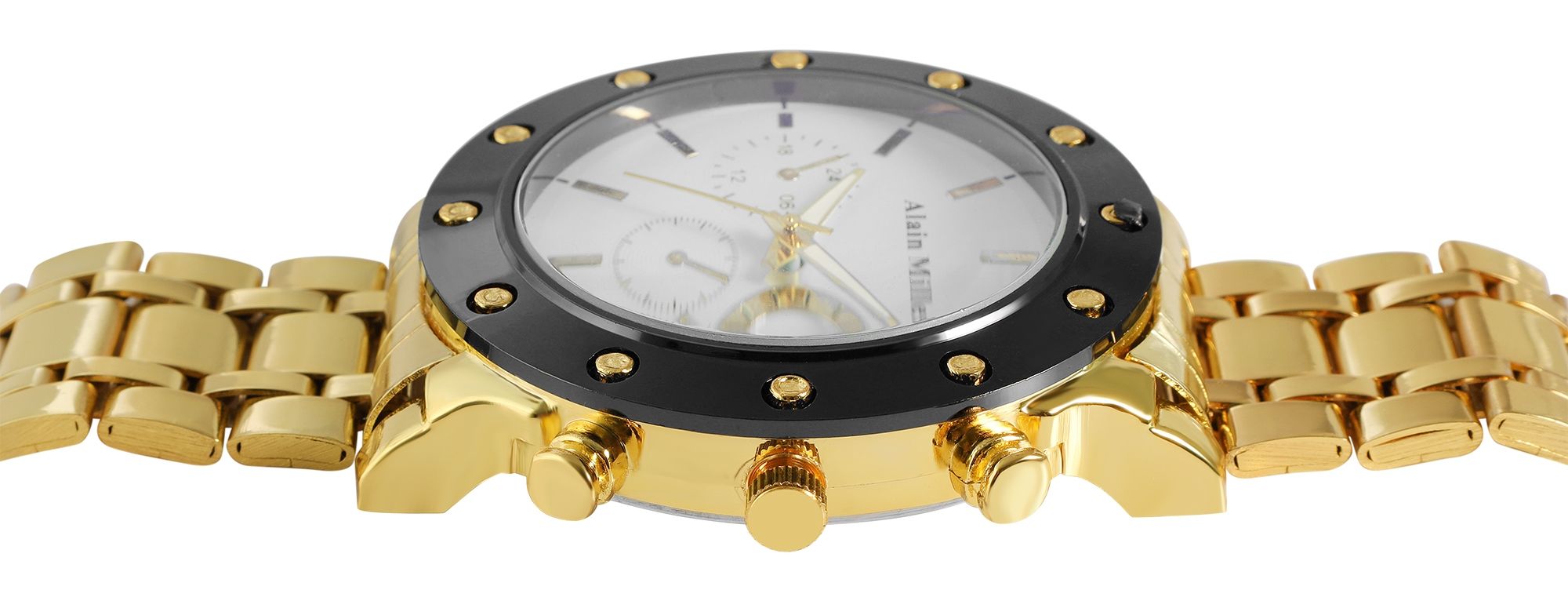 Alain Miller Herrenuhr mit Edelstahlband, goldfarbig/ schwarz/ weiß
