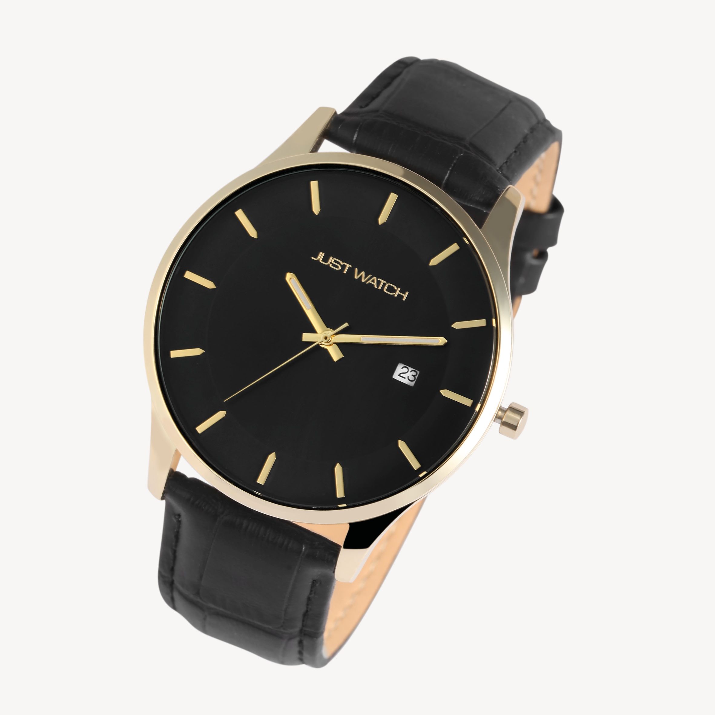 Just Watch Herrenuhr mit Echtlederarmband, Datumsanzeige, schwarz/goldfarben