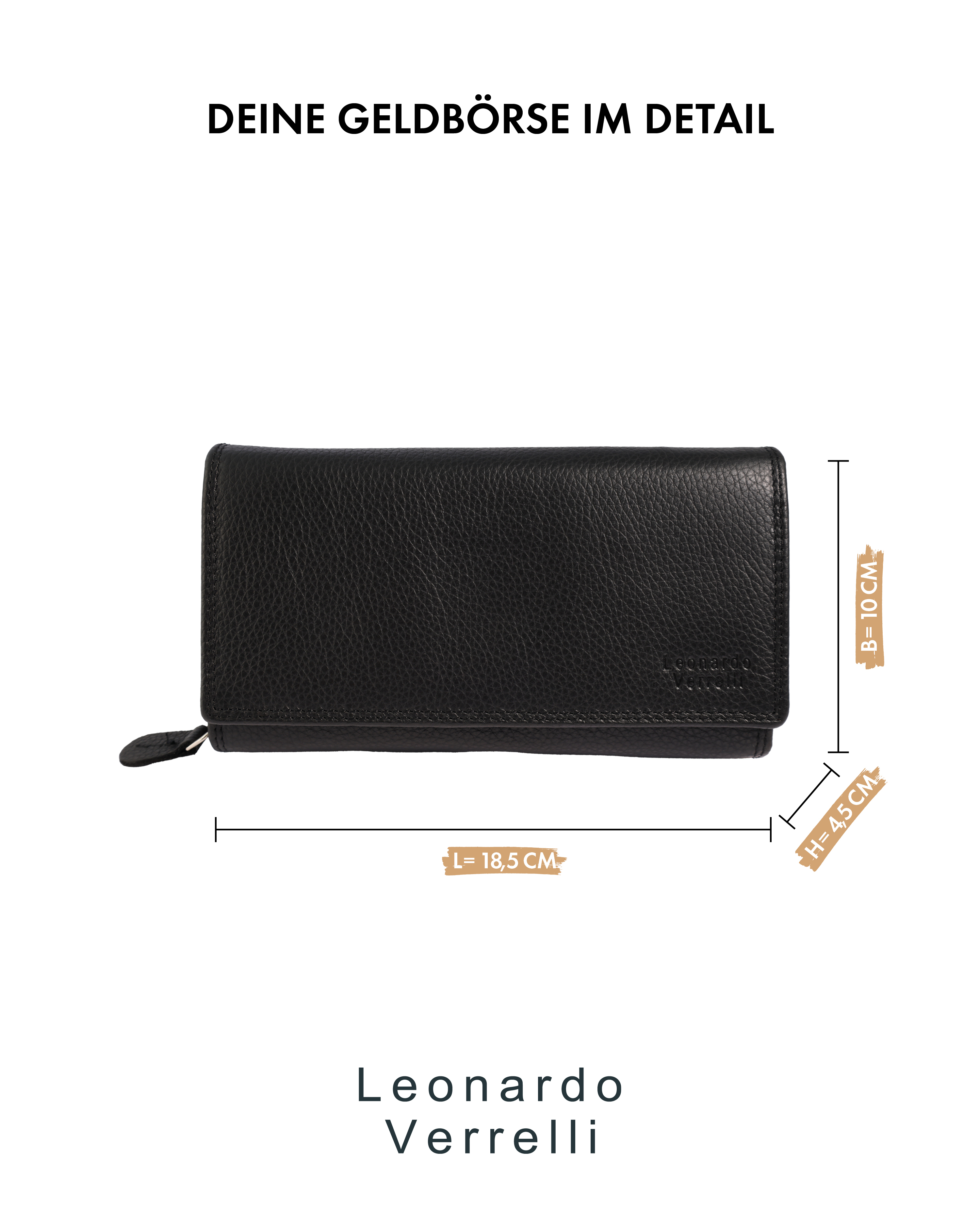 Leonardo Verrelli Echtleder (Nappa) Damen Geldbörse, RFID, Querformat, schwarz