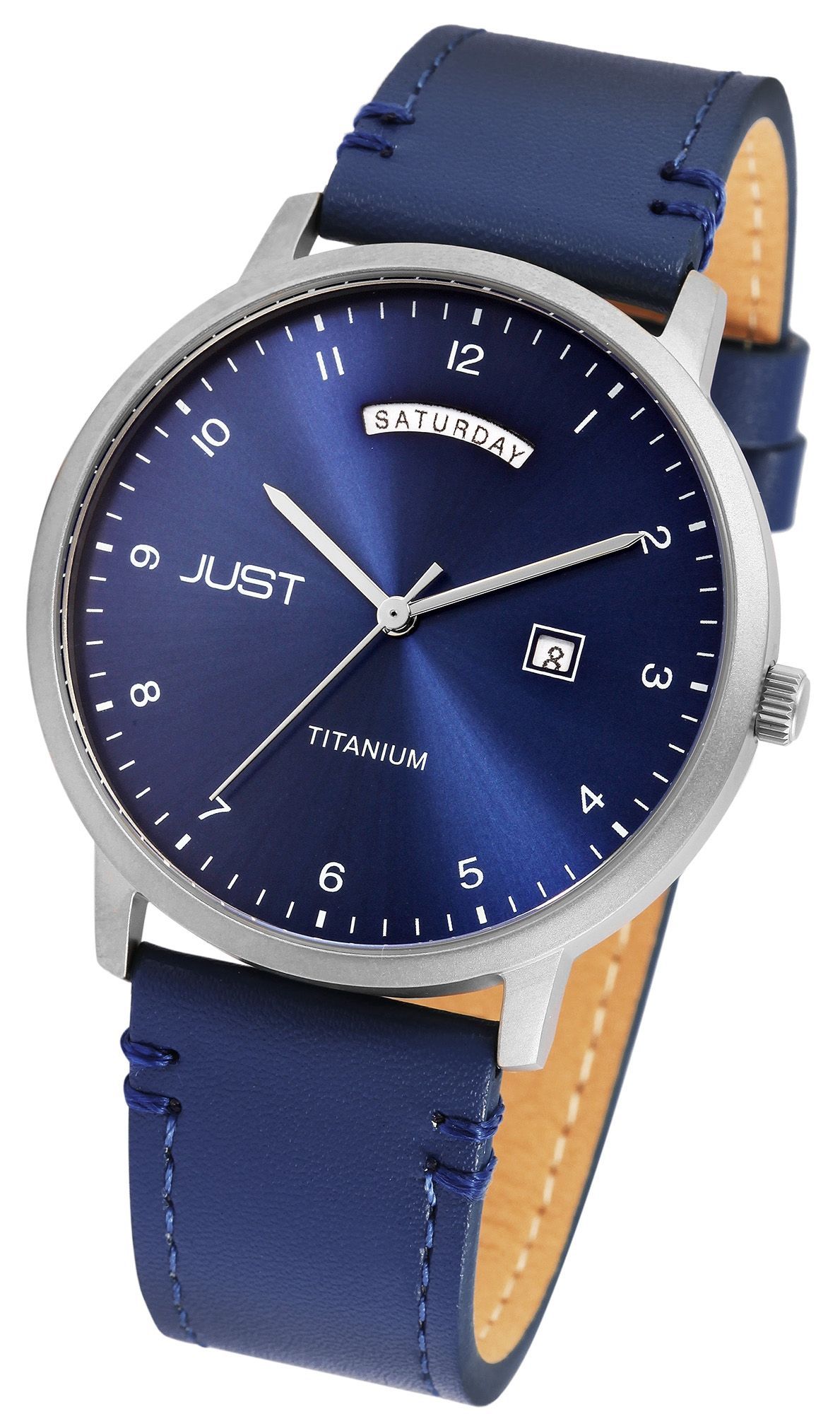 Just Titan Herrenuhr mit Echtlederarmband, 5 ATM, blau