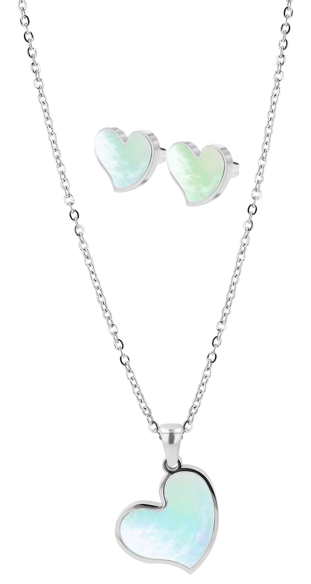 "Jorvina" Schmuckset, Kette (45+5 cm) + Ohrstecker, Herz, Edelstahl/ Perlmutt, silberfarben