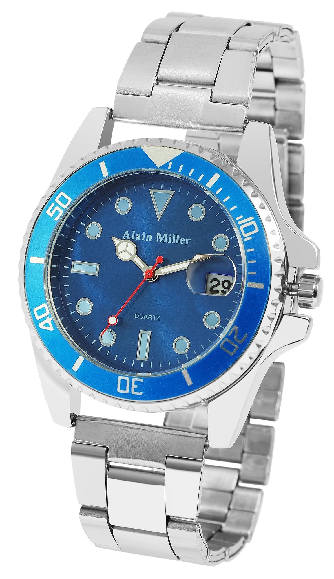 Alain Miller Herrenuhr mit Edelstahlarmband, Ø 39 mm, silberfarben/ blau