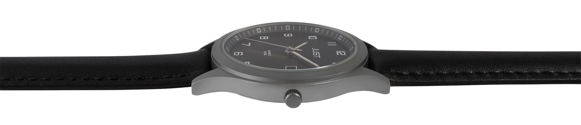 Just "Leon" Herrenuhr mit Echt Lederband, Titangehäuse, 5ATM, Schwarz
