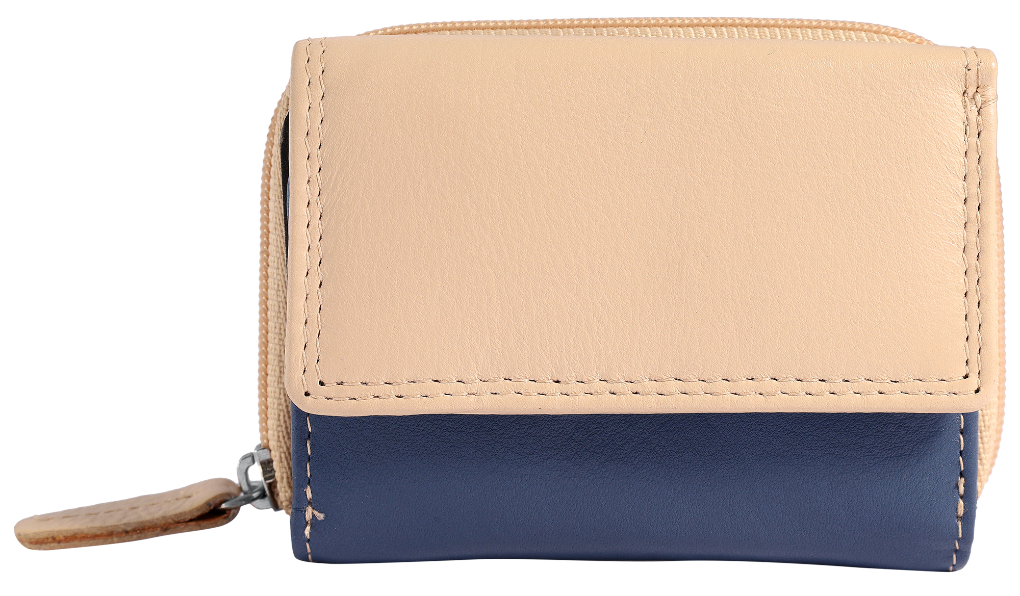 Leonardo Verrelli Echtleder (Nappa) Damen Geldbörse, klein, Querformat, RFID, beige/ blau