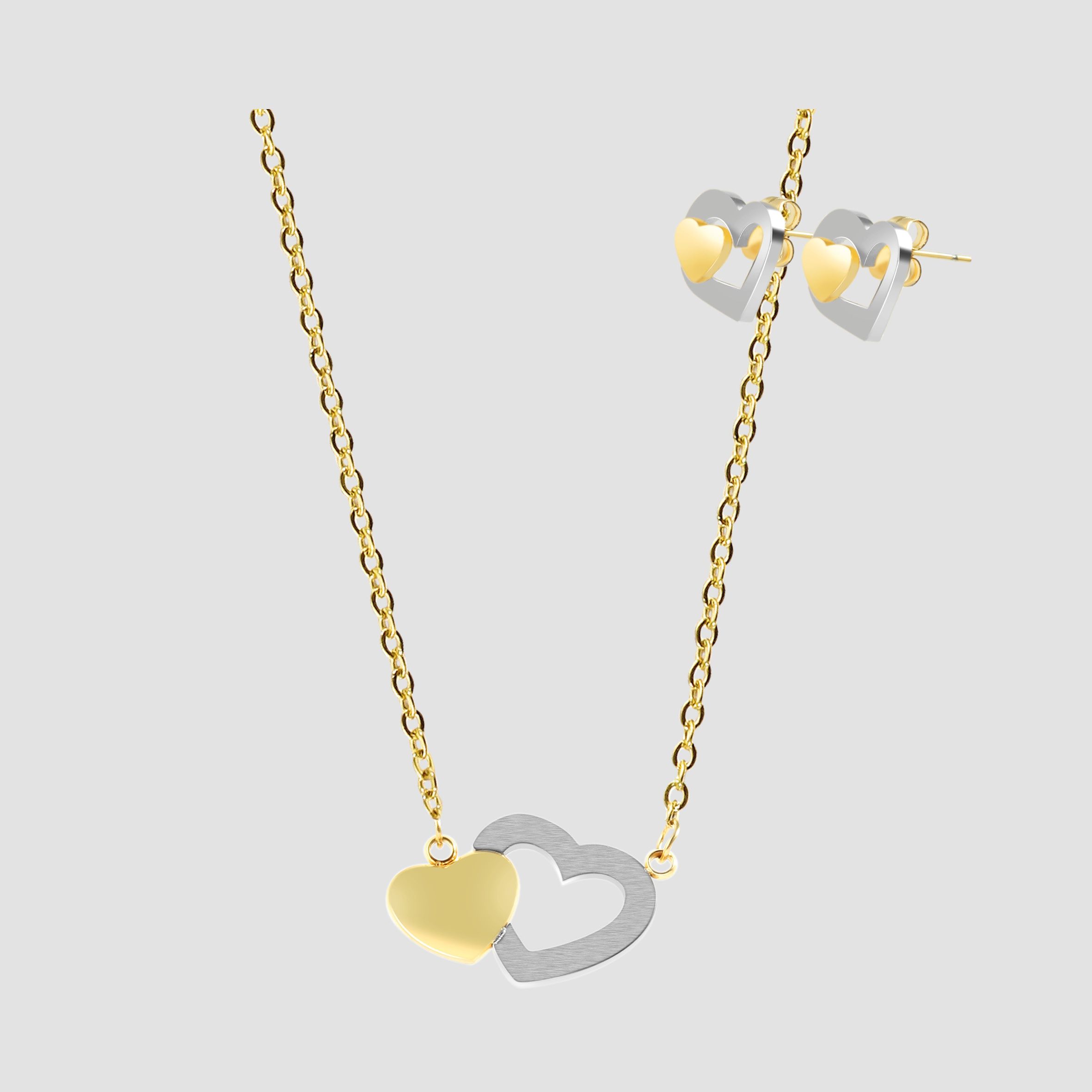 Akzent Schmuckset mit Kette und Ohrstecker, Edelstahl, Herz, bicolor