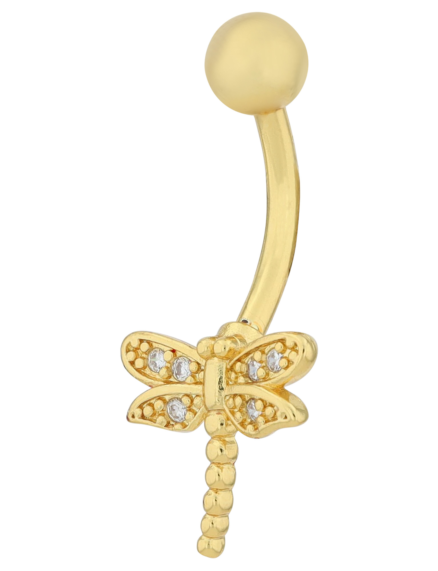 "Emy" Edelstahl-Bronze Bauchnabelpiercing, Länge 12 mm/ Stärke 1,8 mm, Libelle, Zirkonia, goldfarben