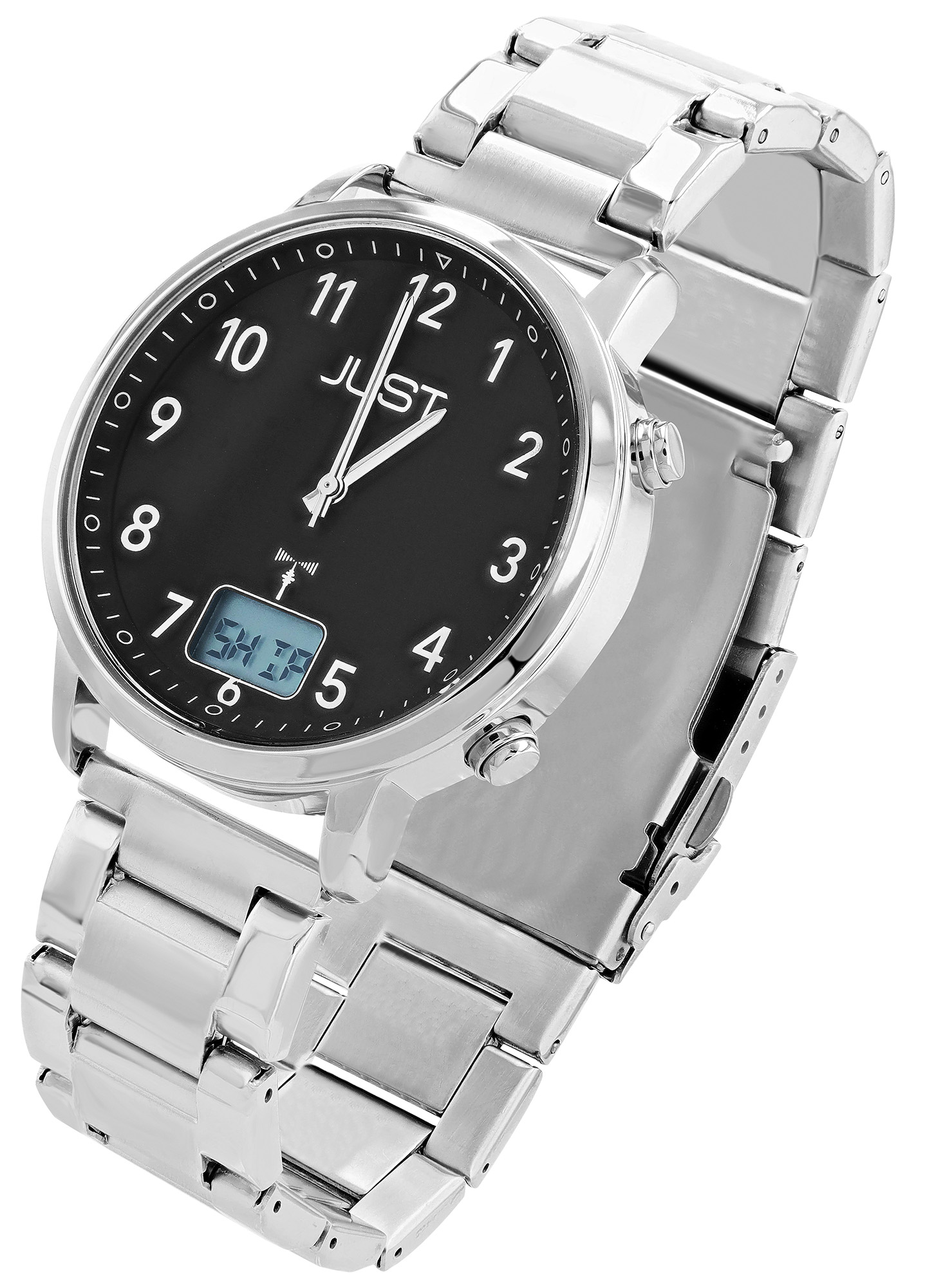 JUST Herren-Funkuhr "Vita Tempus" Ø 40 mm (schwarzes Zifferblatt & Arabische Ziffern), Edelstahl-Gliederband