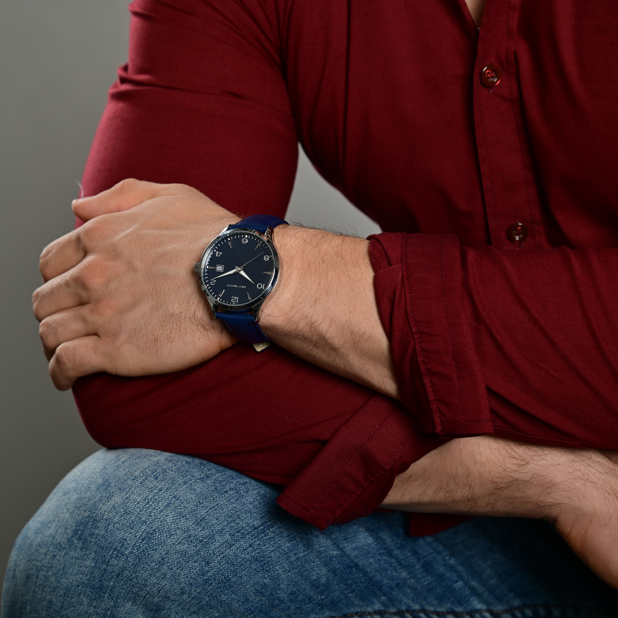 Just Watch Herrenuhr mit Echtlederarmband, blau/silberfarben