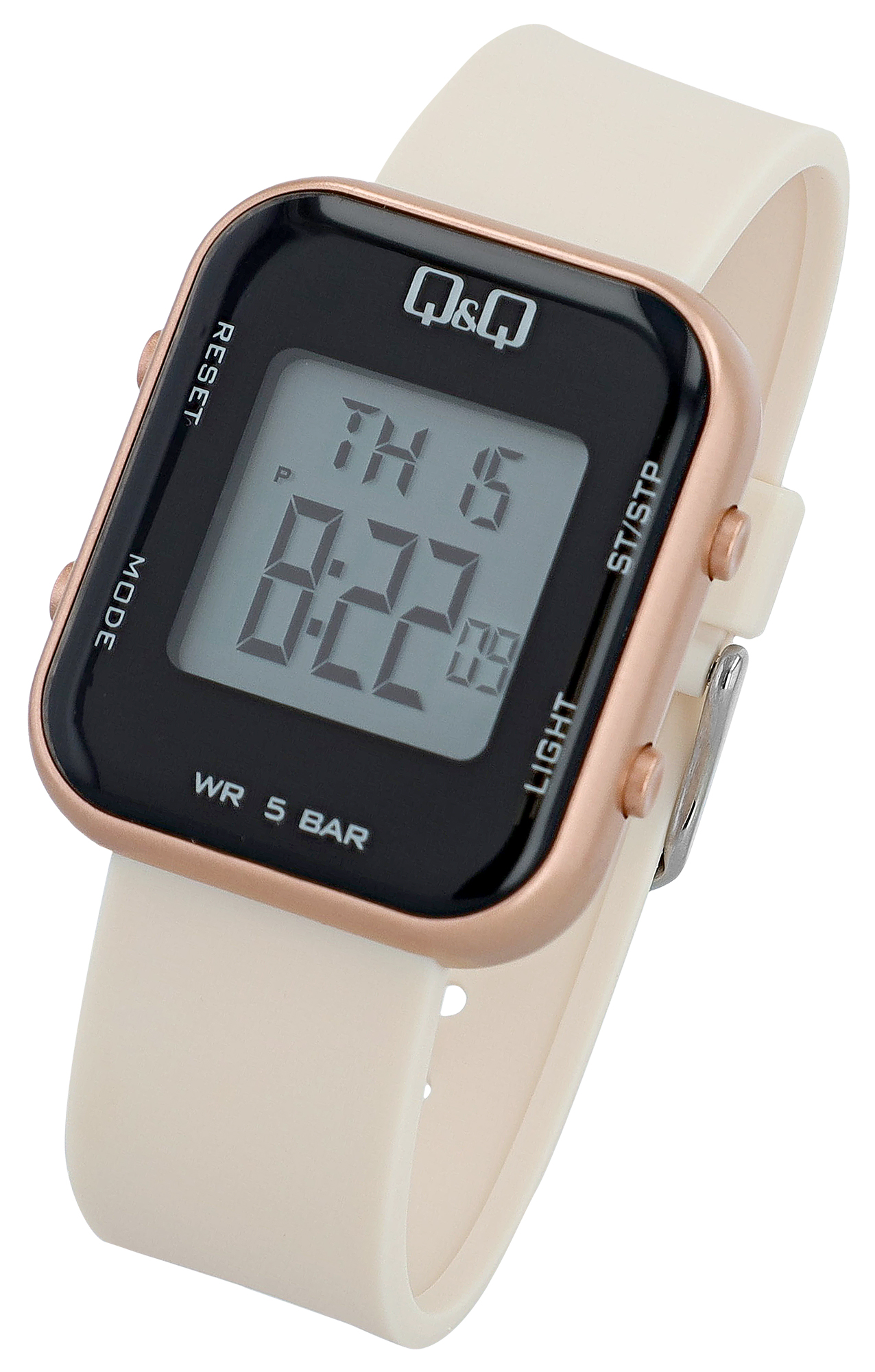 Q&Q Unisex Digitaluhr, Kunststoff, Resinband, creme/roségoldfarben, 5 ATM, 40 x 34 mm