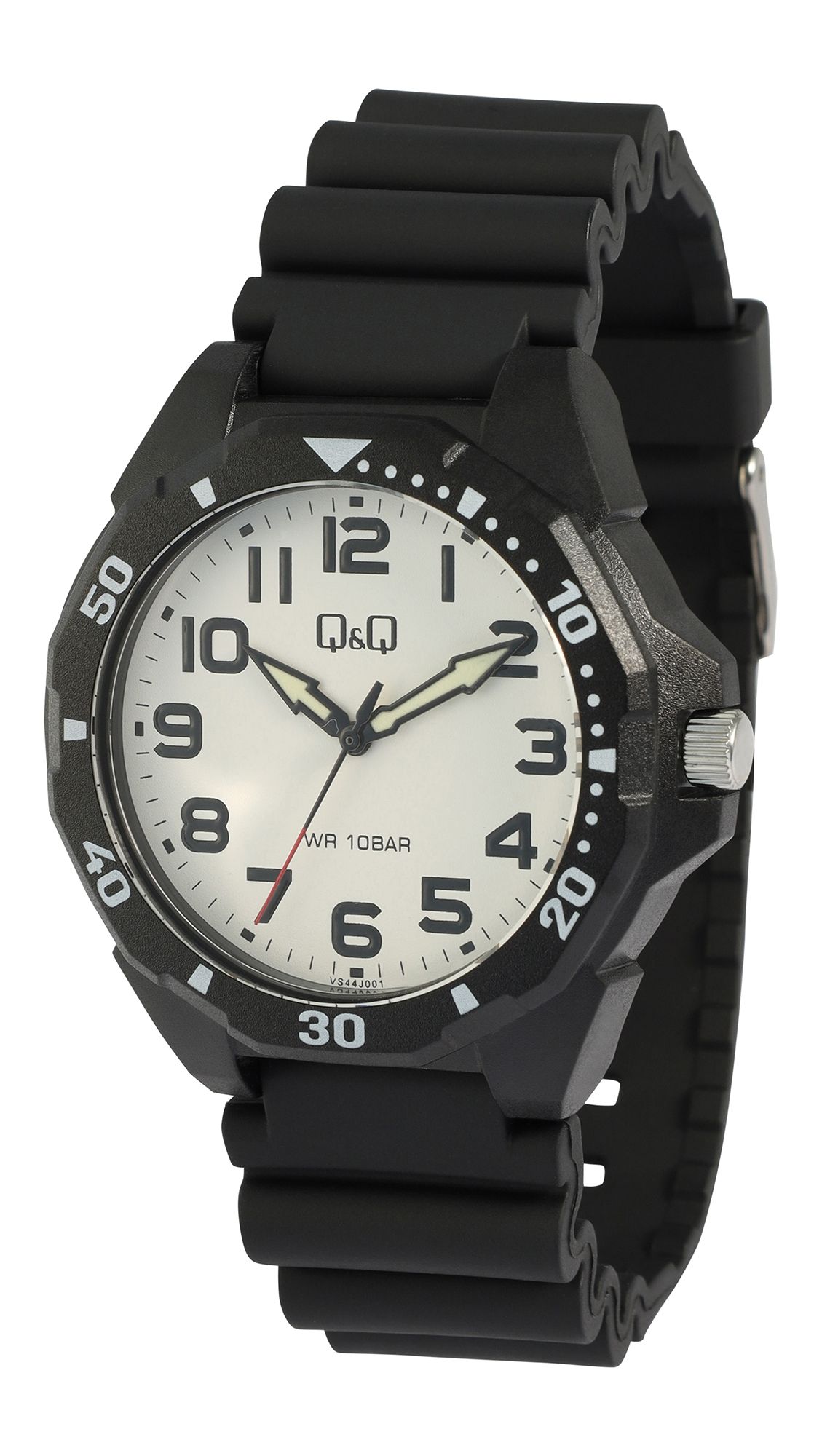 Q&Q Herrenuhr, Resinband, Ø 43 mm, schwarz/ weiß