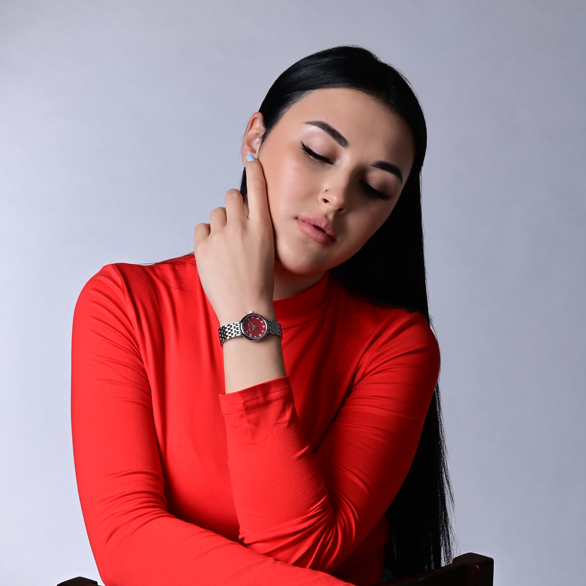 JUST WATCH Damenuhr "Akari" mit Edelstahlband, geflochten, Ø 28 mm, 5 ATM, silberfarben/rot