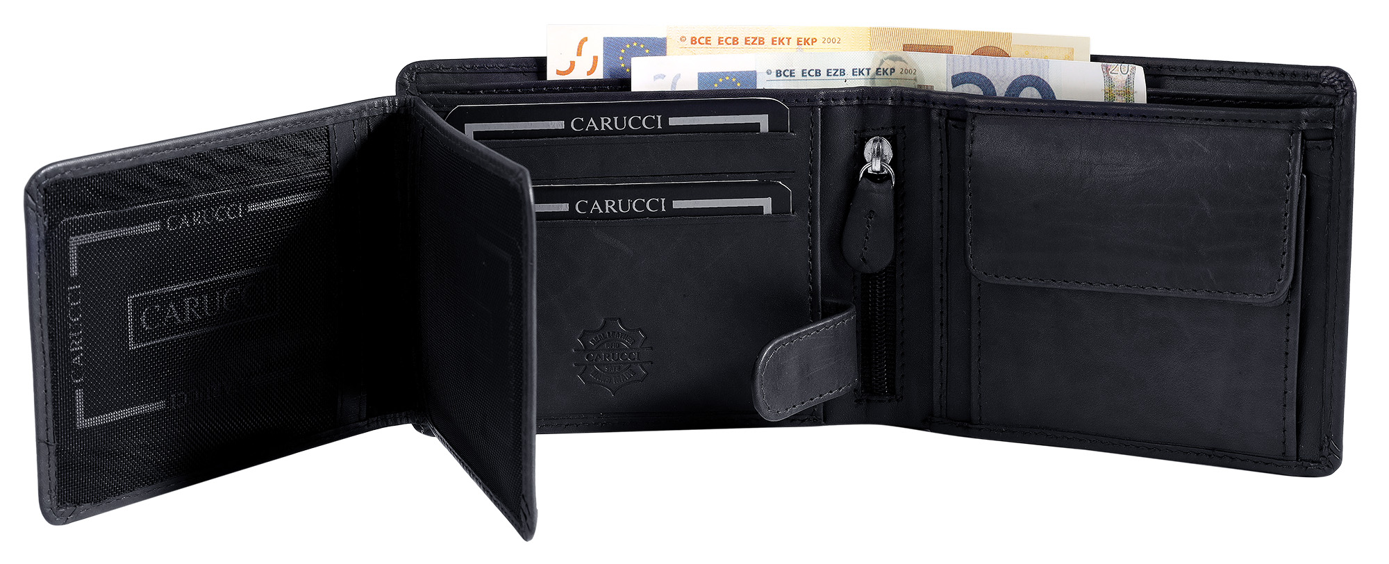 Carucci Echtleder (Cow Veg VT) Geldbörse mit Box, RFID, Querformat, dunkelblau