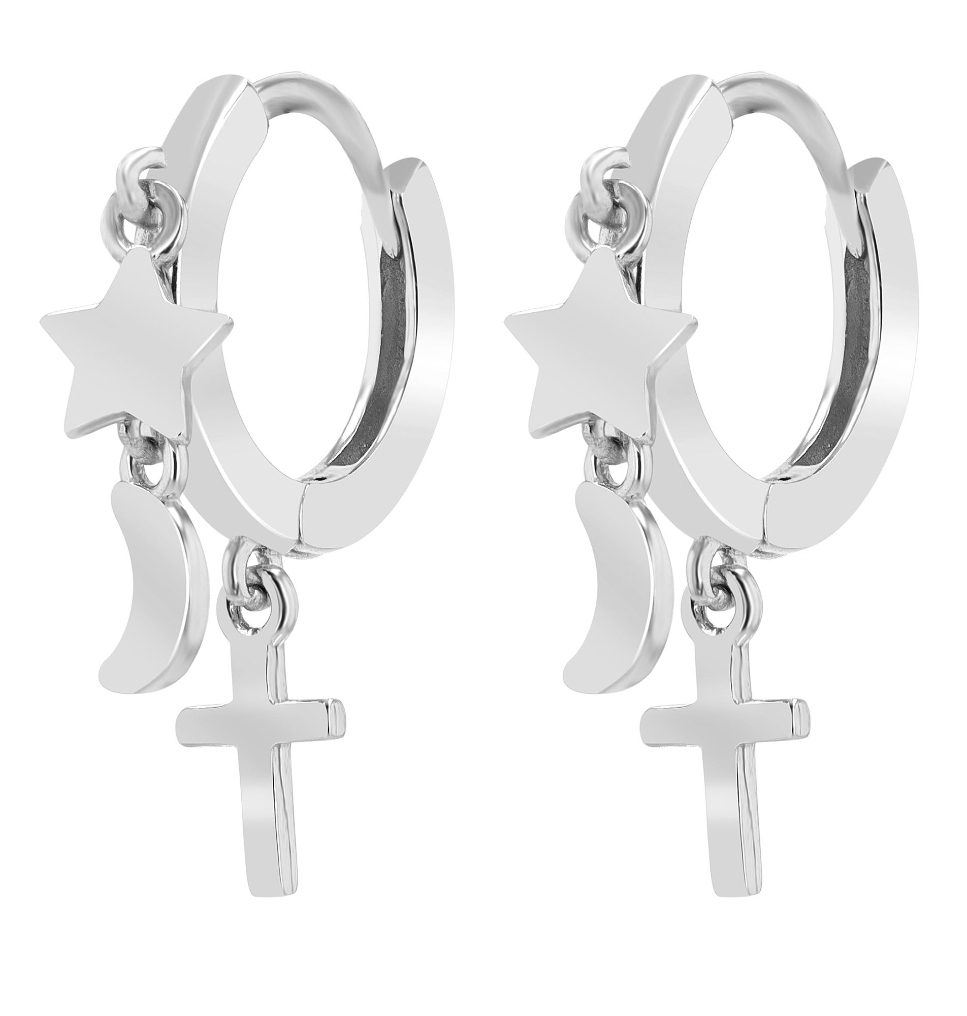 "Mignon - 925/- Echt Silber Creole (8 mm) mit Anhänger - Stern/ Mond/ Kreuz, rhodiniert