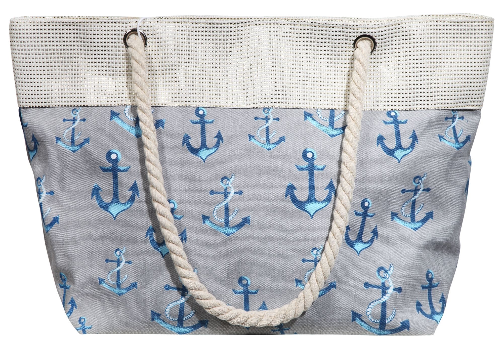 Strandtasche aus Textil mit Ankermotiven in Grau