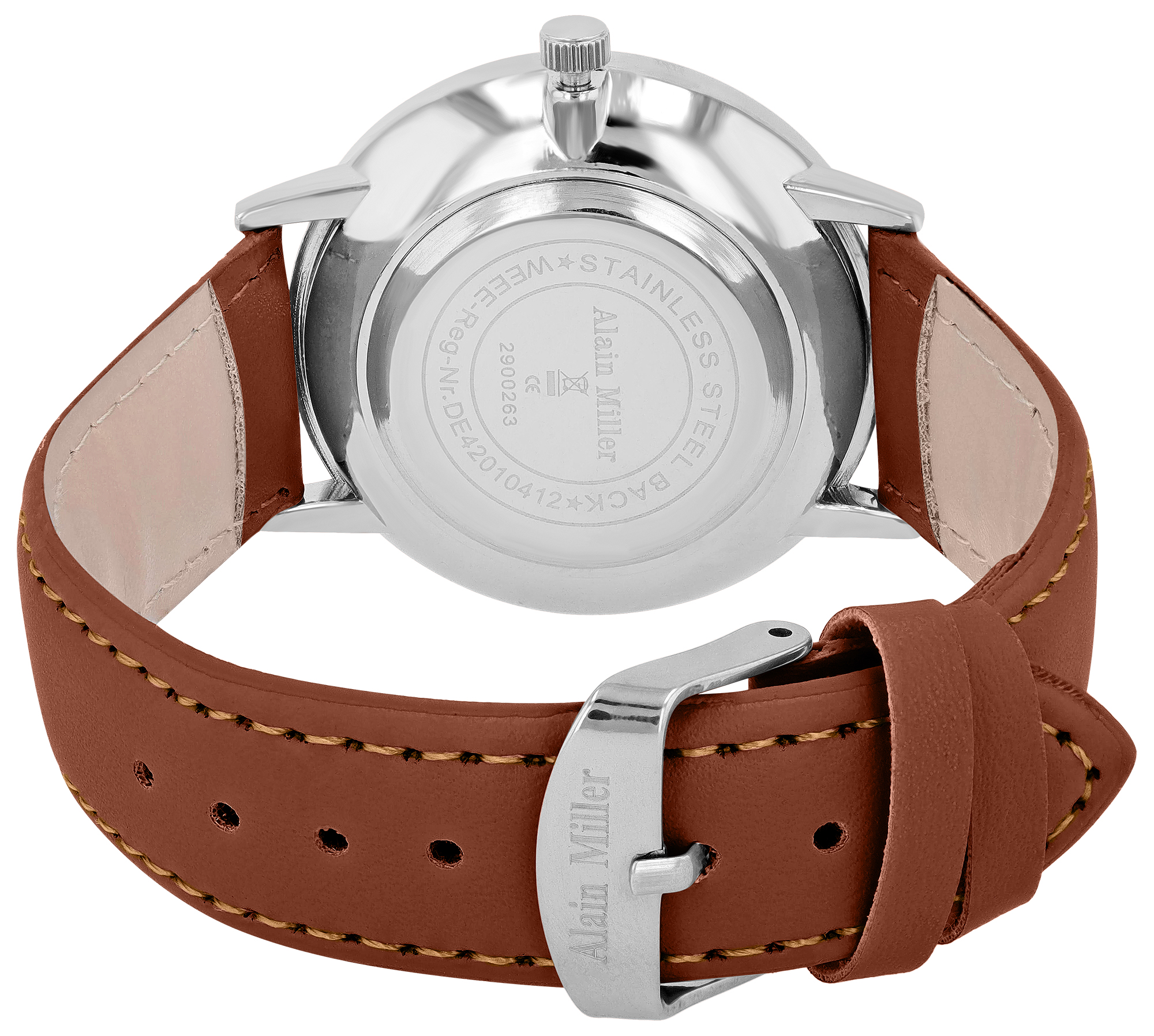 Alain Miller Herrenuhr mit Lederimitatband, Ø 40 mm, braun/ weiß