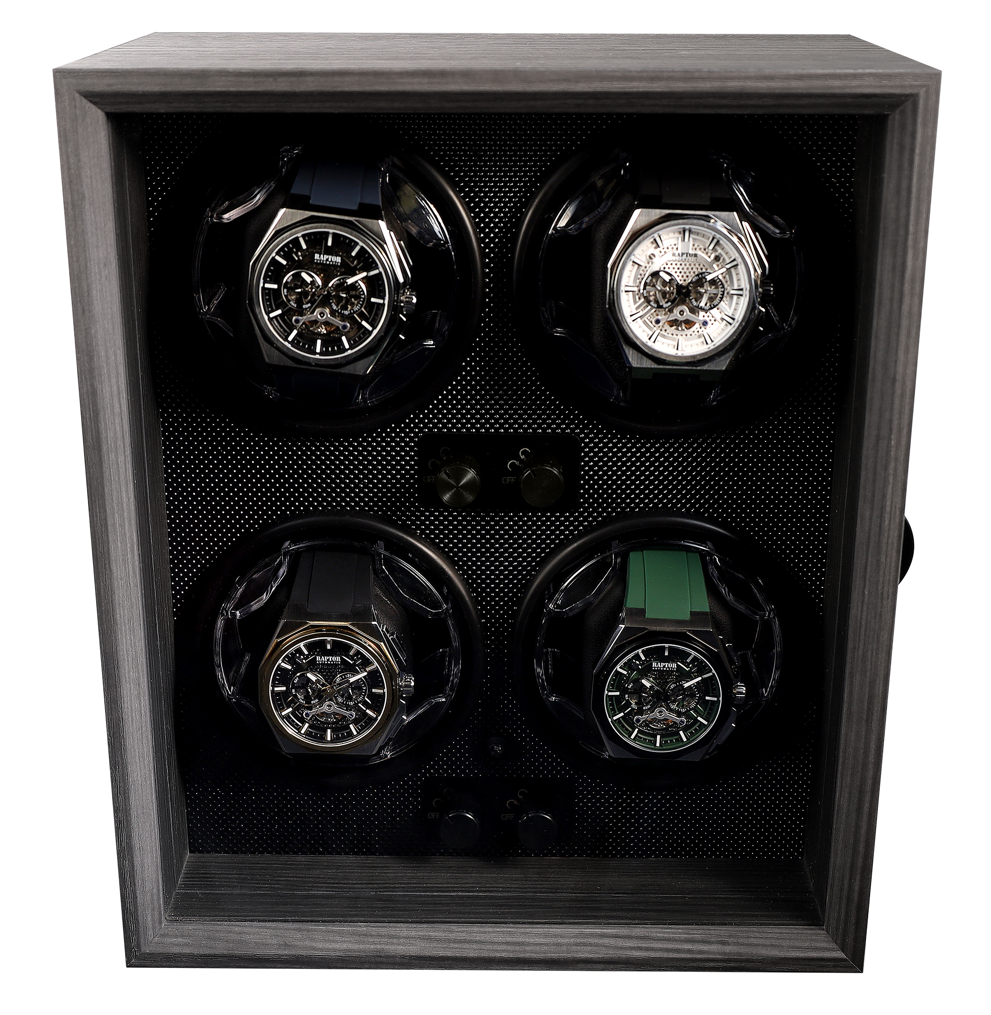 Automatischer Uhrenbeweger für 4 Uhren in Dunkelgrau-Braun (Holzoptik), LED, USB-DC