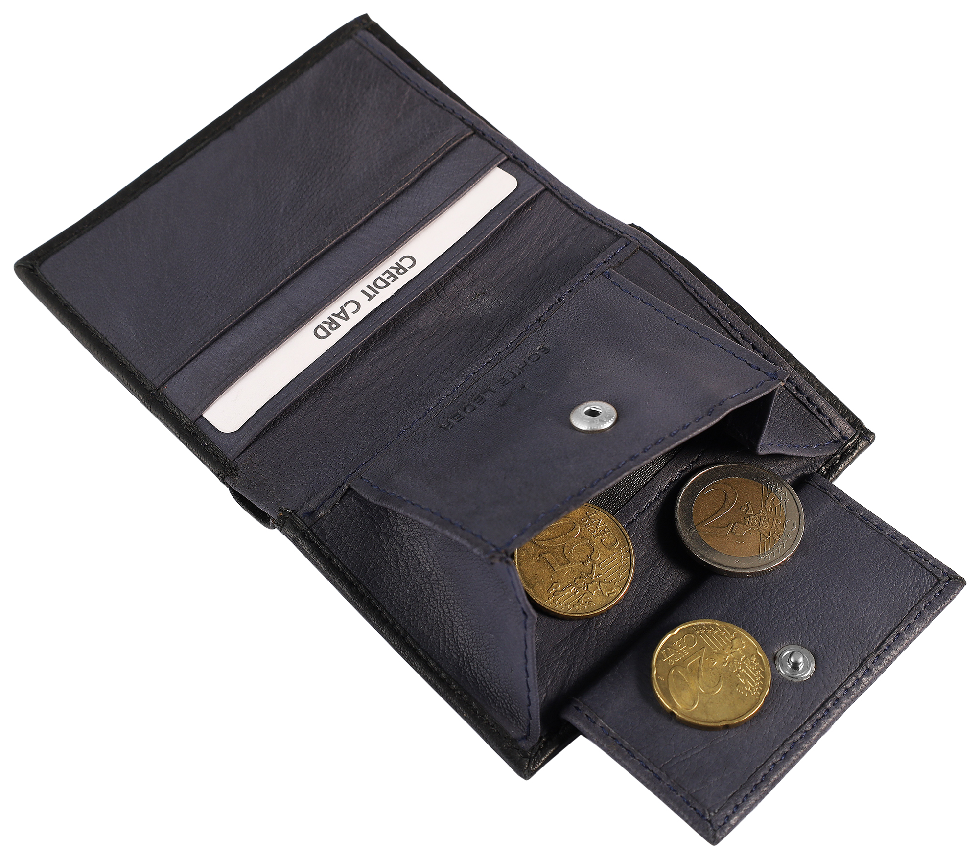 Excellanc Mini-Geldbörse aus Echtleder, Hochformat, schwarz mit blauer Naht