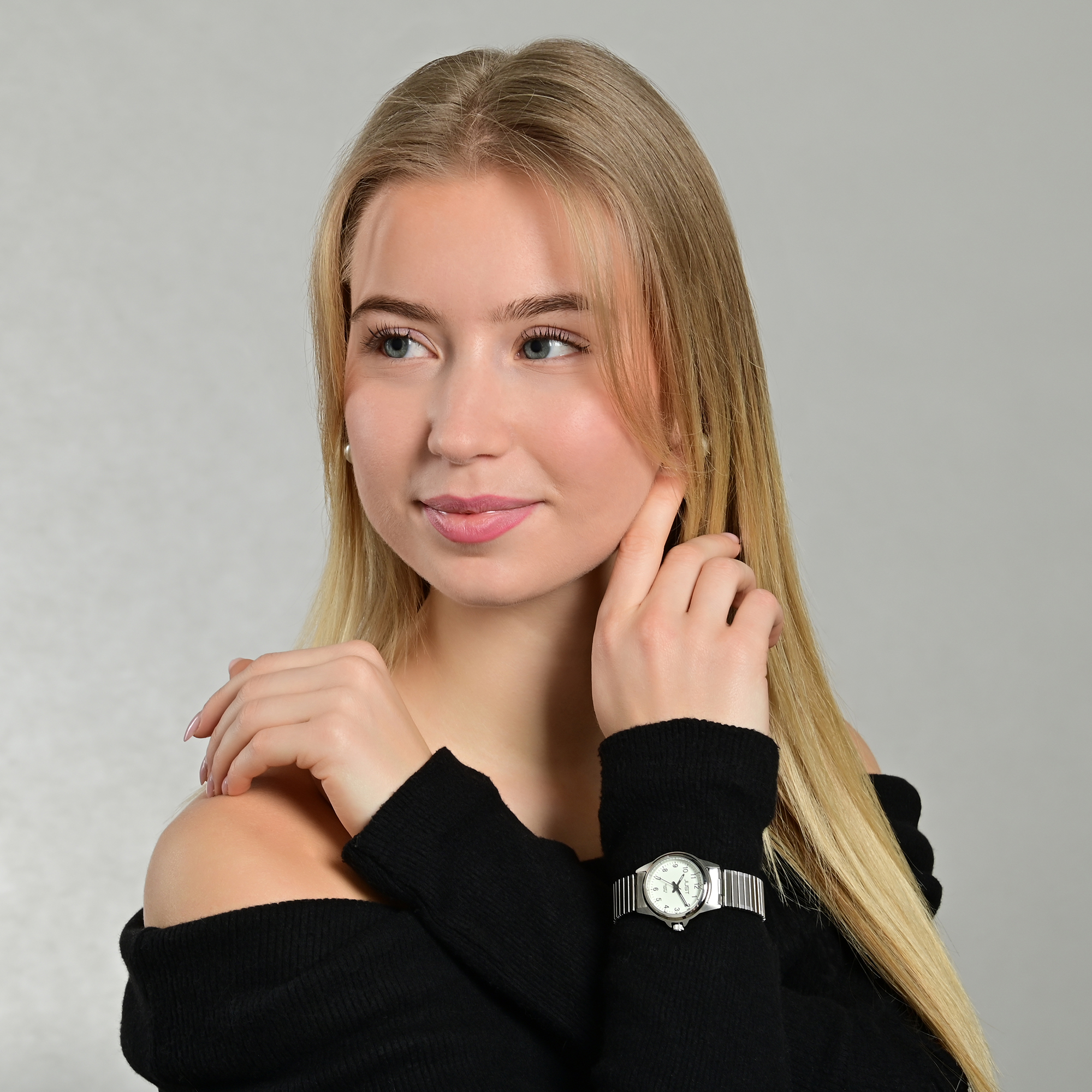 Just Damenuhr mit Zugarmband, silberfarben, Leuchtzifferblatt