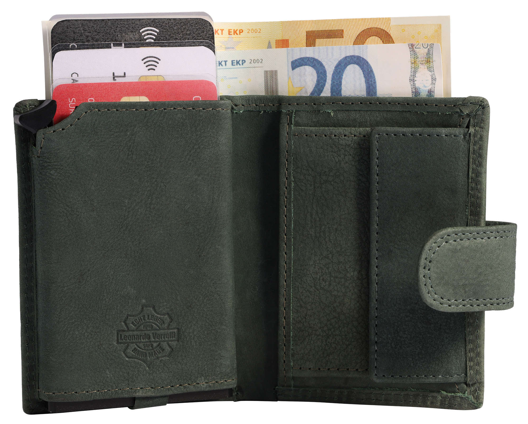 Leonardo Verrelli Echtleder (vintage) Geldbörse mit Pop-up-Kartenhalter, RFID, dunkelgrün