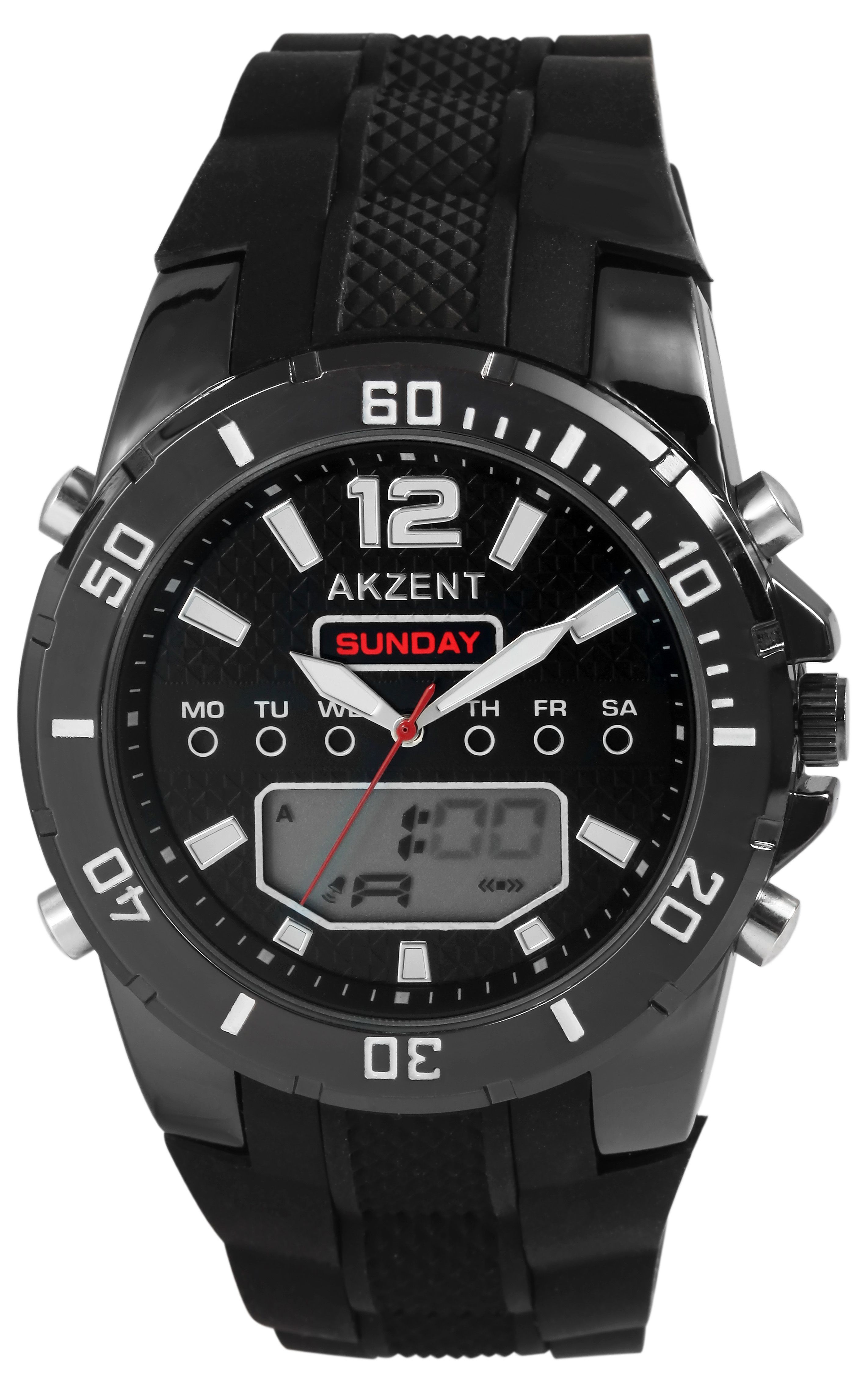 Akzent Analog-Digital Herrenuhr mit Silikonarmband, schwarz