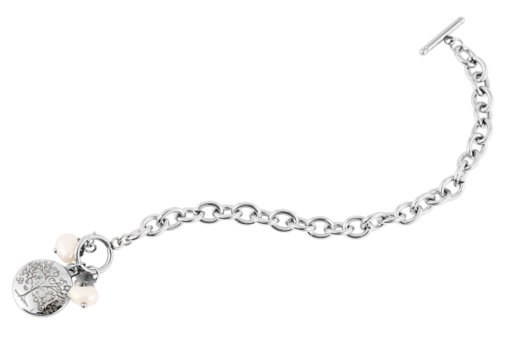 Akzent Edelstahlarmband "Shaima" mit echten Perlen und rundem Anhänger, Länge 20 cm, silberfarben