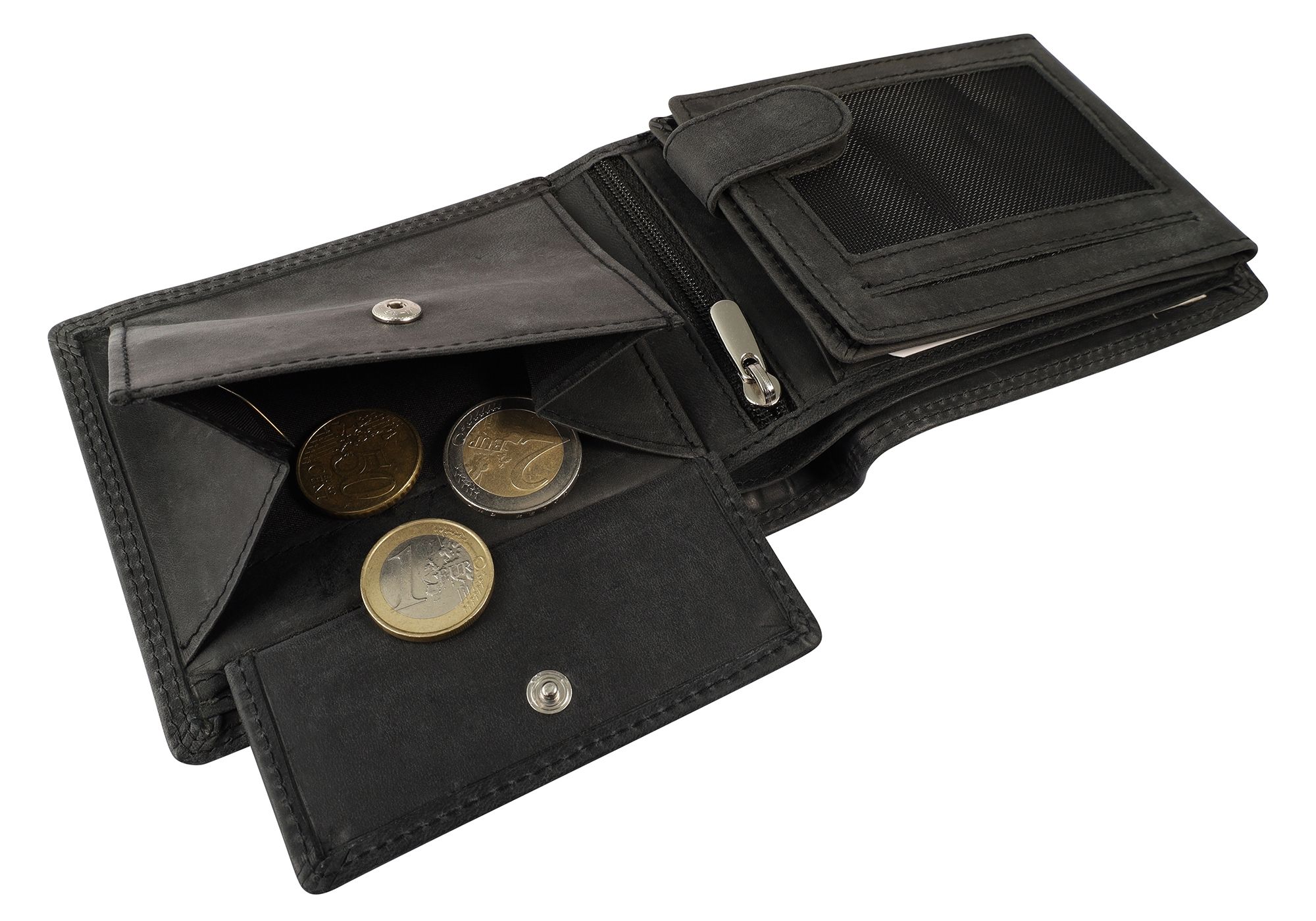 Akzent Echt Leder (Hunter-Leder) Geldbörse, RFID, Querformat, "Fischer/ Angler", schwarz