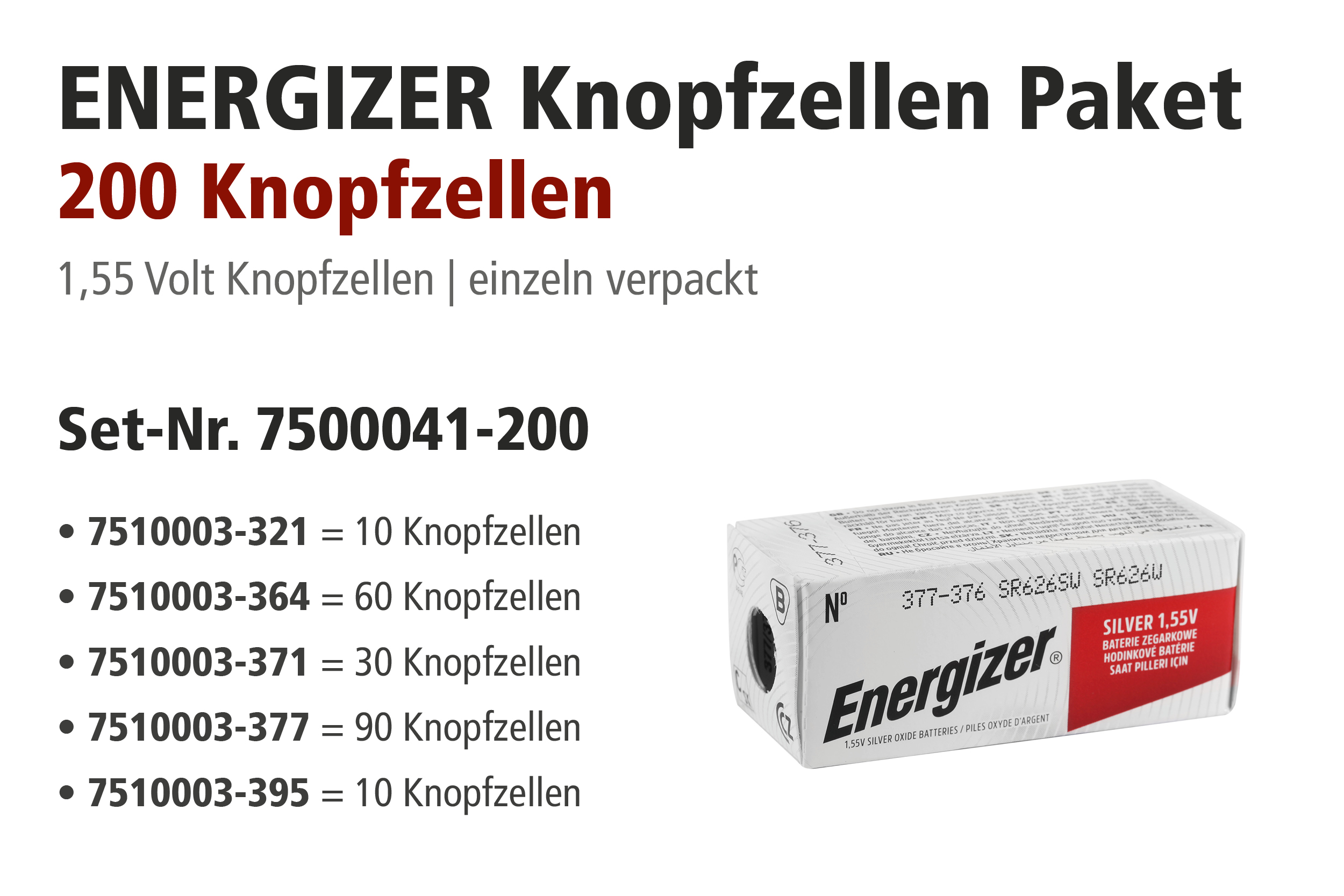 Energizer Aktionspakete, 200 Batterien, 321, 364, 371, 377, 395 sortiert