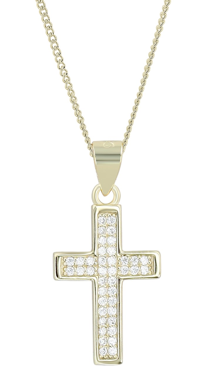 925/- Echt Silber Anhänger ohne Kette "Kathrin", Kreuz mit Zirkoniasteinen, vergoldet
