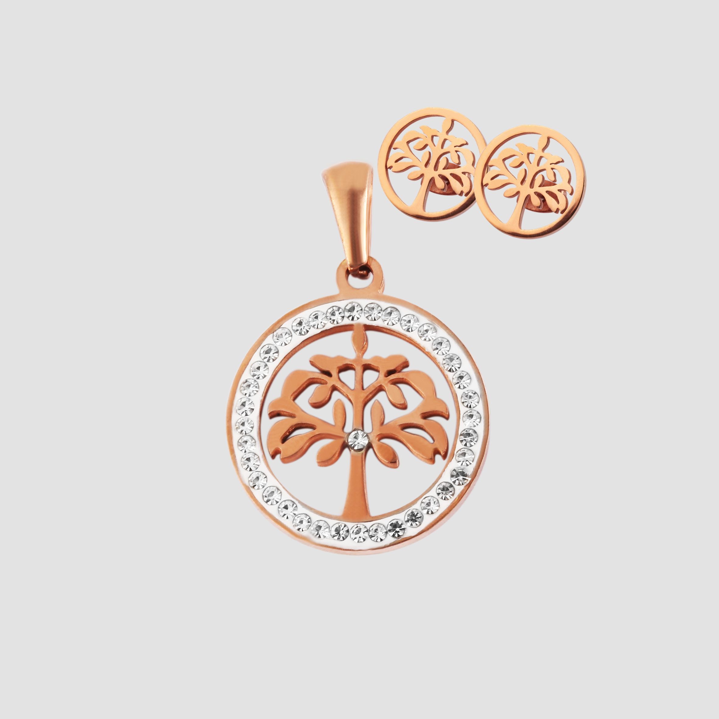 Akzent Edelstahlschmuckset Lebensbaum (Kettenanhänger und Ohrringe), mit Similibesatz, roségoldfarbig