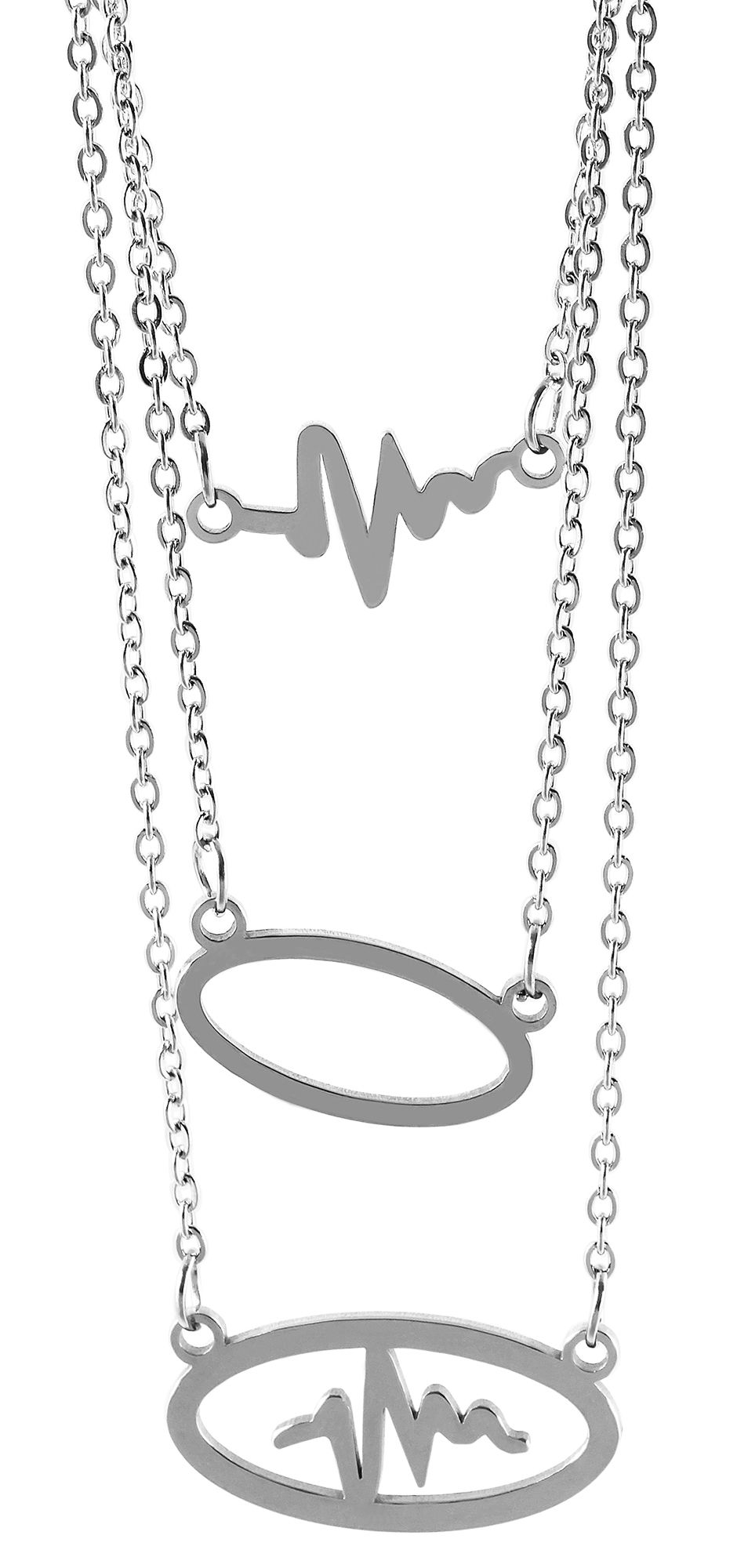 Edelstahl Schmuckset, Kette mit Anhänger + Ohrringe, mehrreihig, Herzschlag, silberfarbig