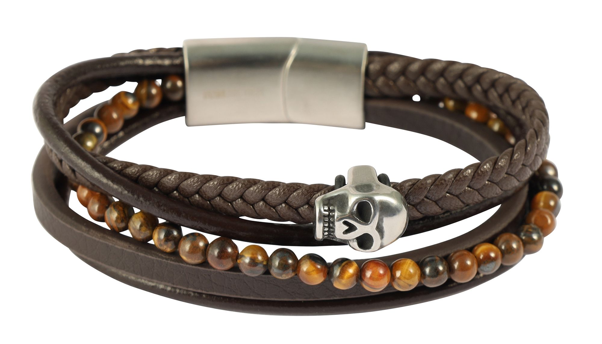 "Perry", Totenkopf, 17 cm, Armband aus Lederimitat, mit braunem Tigerauge, 4-VE