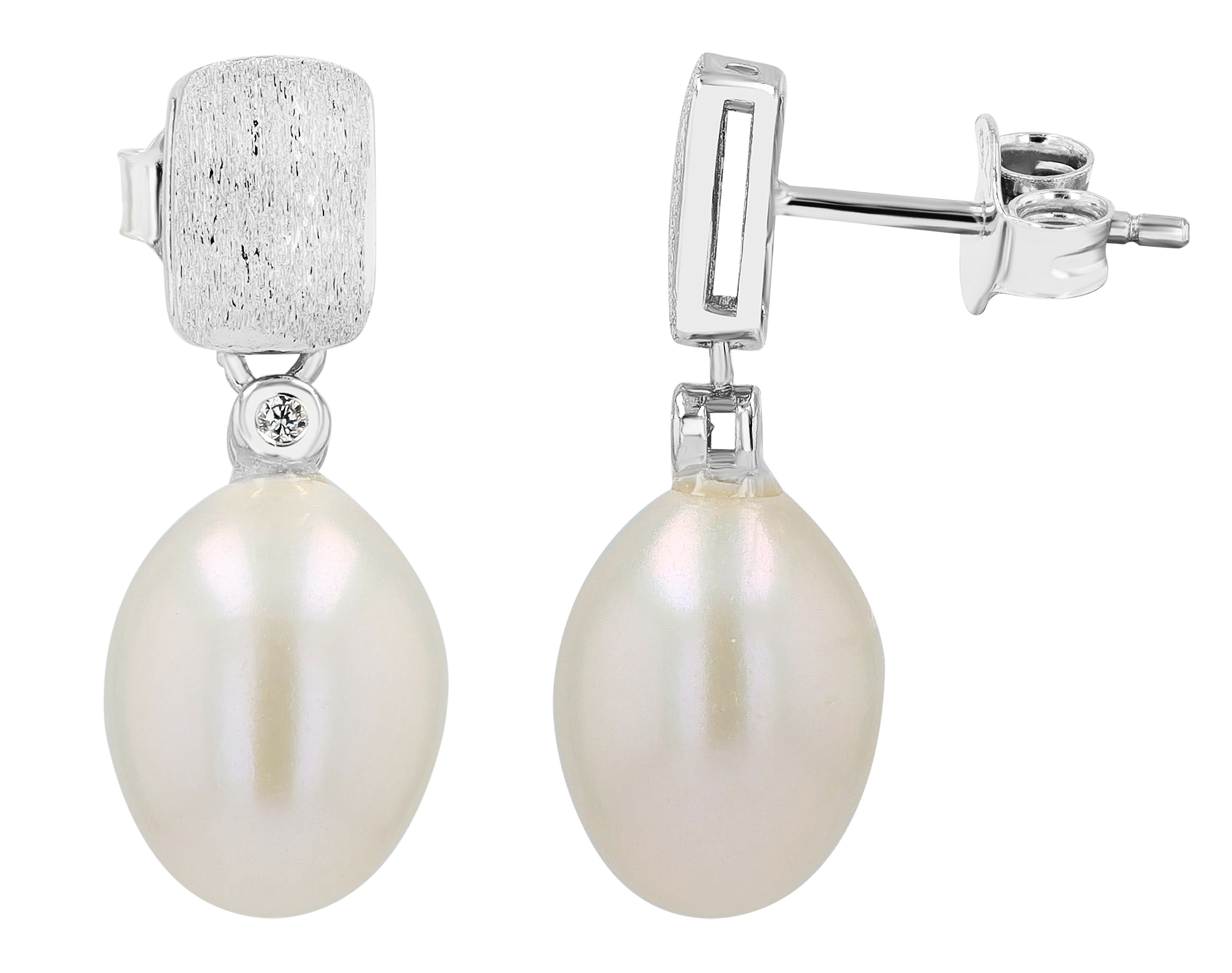 "Mella" 925/- Echt Silber Ohrstecker/ Ohrhänger, Süßwasserperle/Zirkonia, rhodiniert
